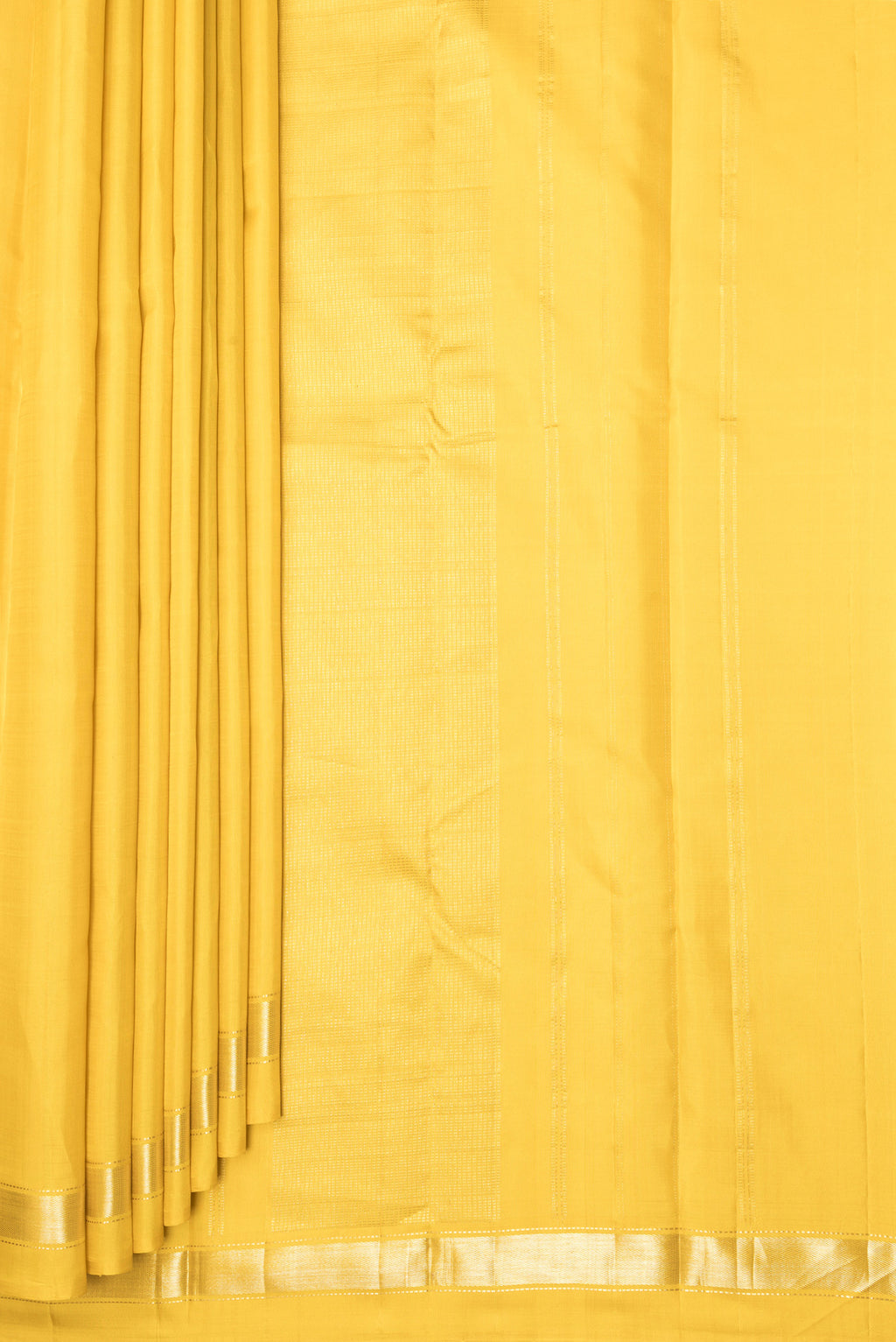Pleats and pallu of Yellow Kanjivaram Silk Saree with Plain Body and Zari Border. 