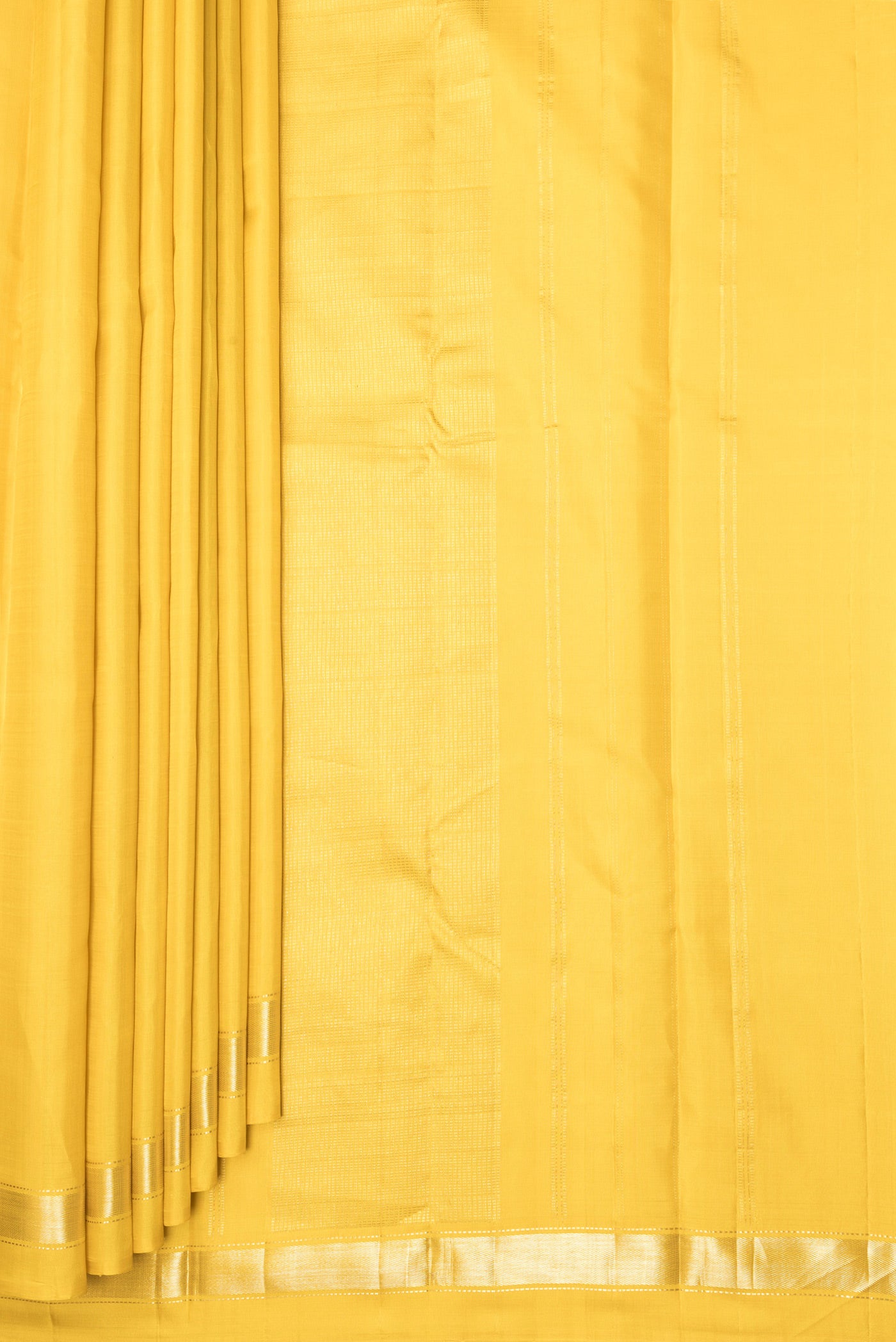 Pleats and pallu of Yellow Kanjivaram Silk Saree with Plain Body and Zari Border. 