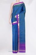 Peacock Blue Kanjivaram Silk Saree with Plain Body and Zari Border.  displayed on a mannequin