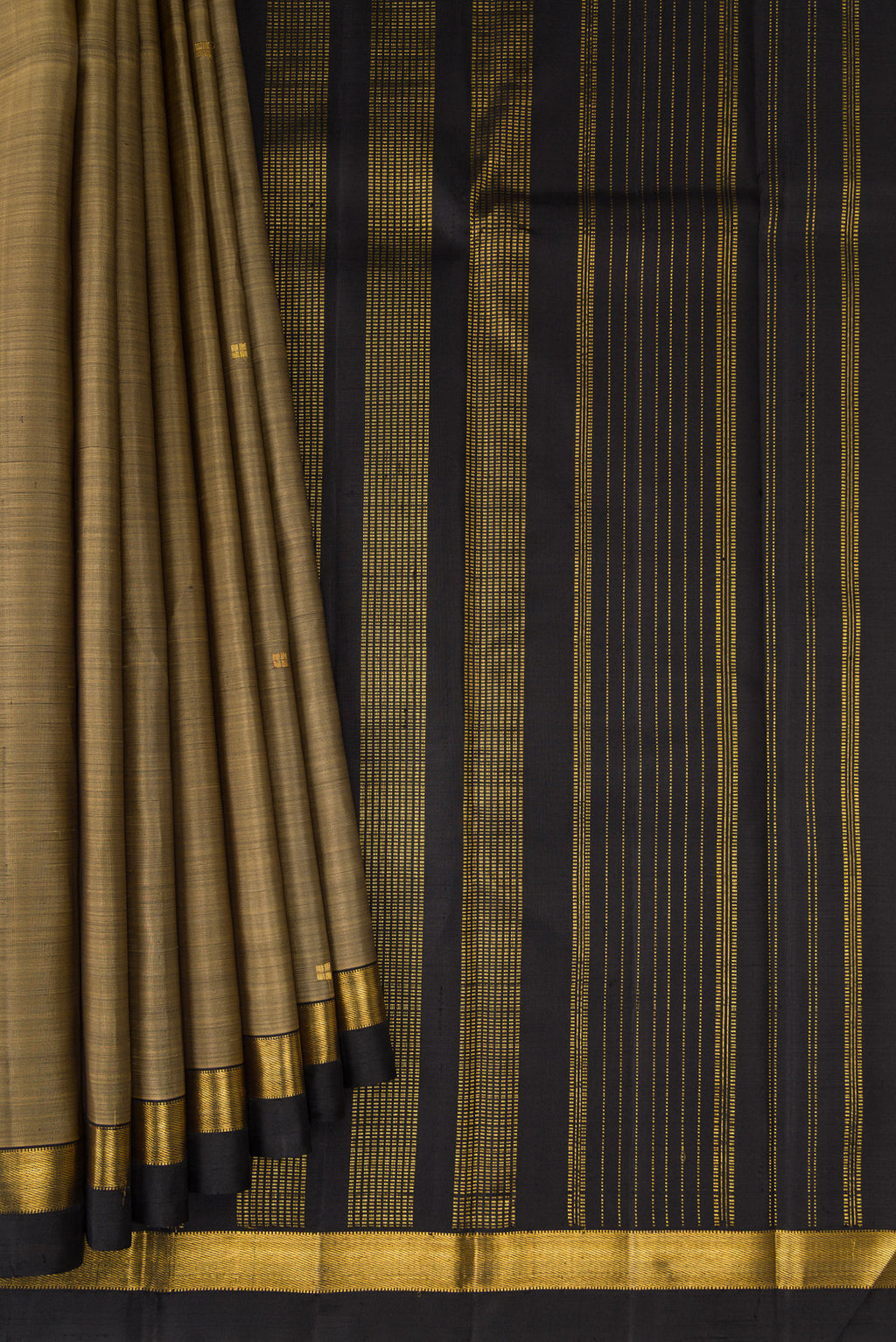 Pleats and pallu of Dark Beige Kanjivaram Silk Saree with Zari Butta on the body and Zari Border. 