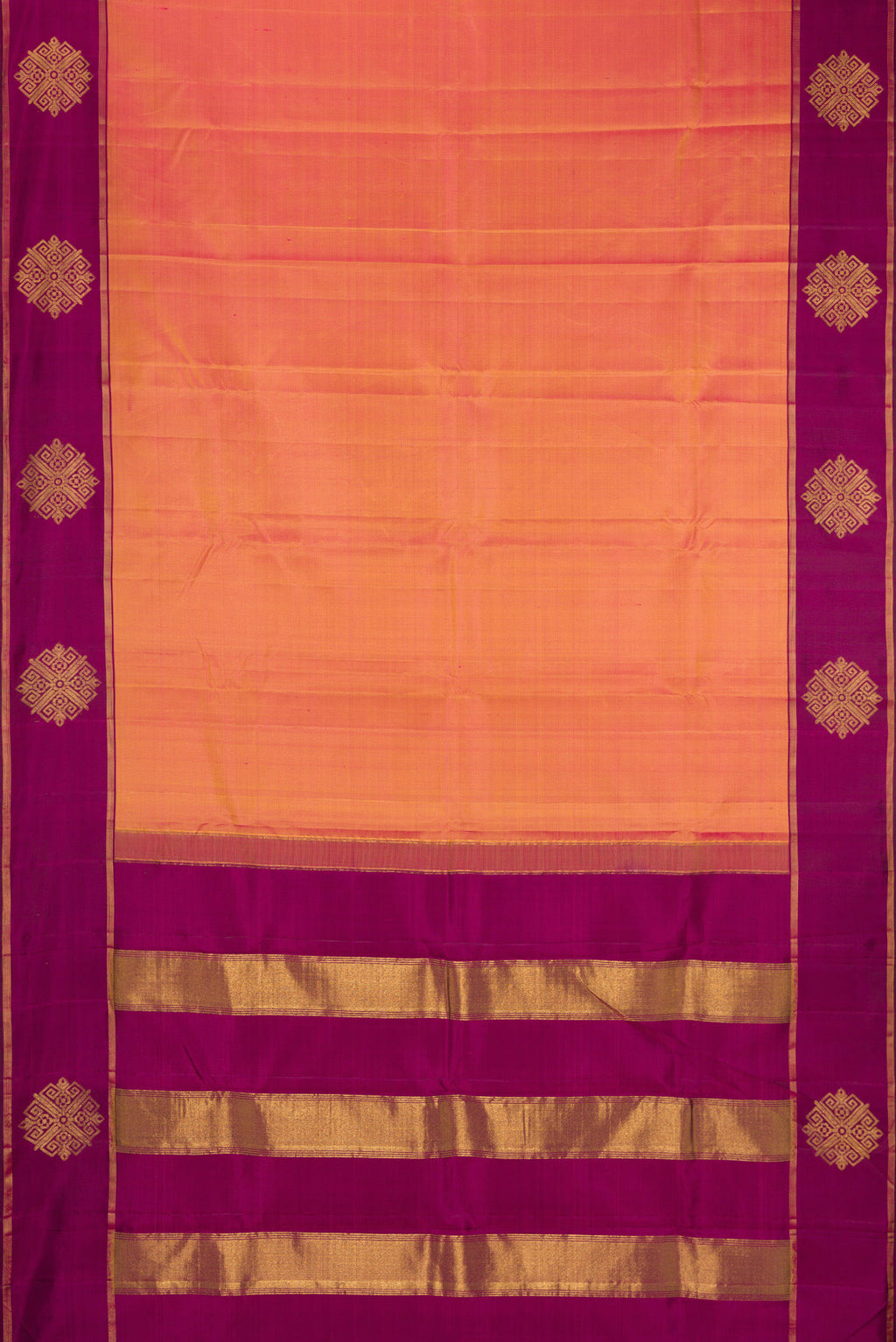 Flat view of Pinkish Yellow Dual Tone Kanchipuram Silk Saree with Plain Body and Fancy Border. 