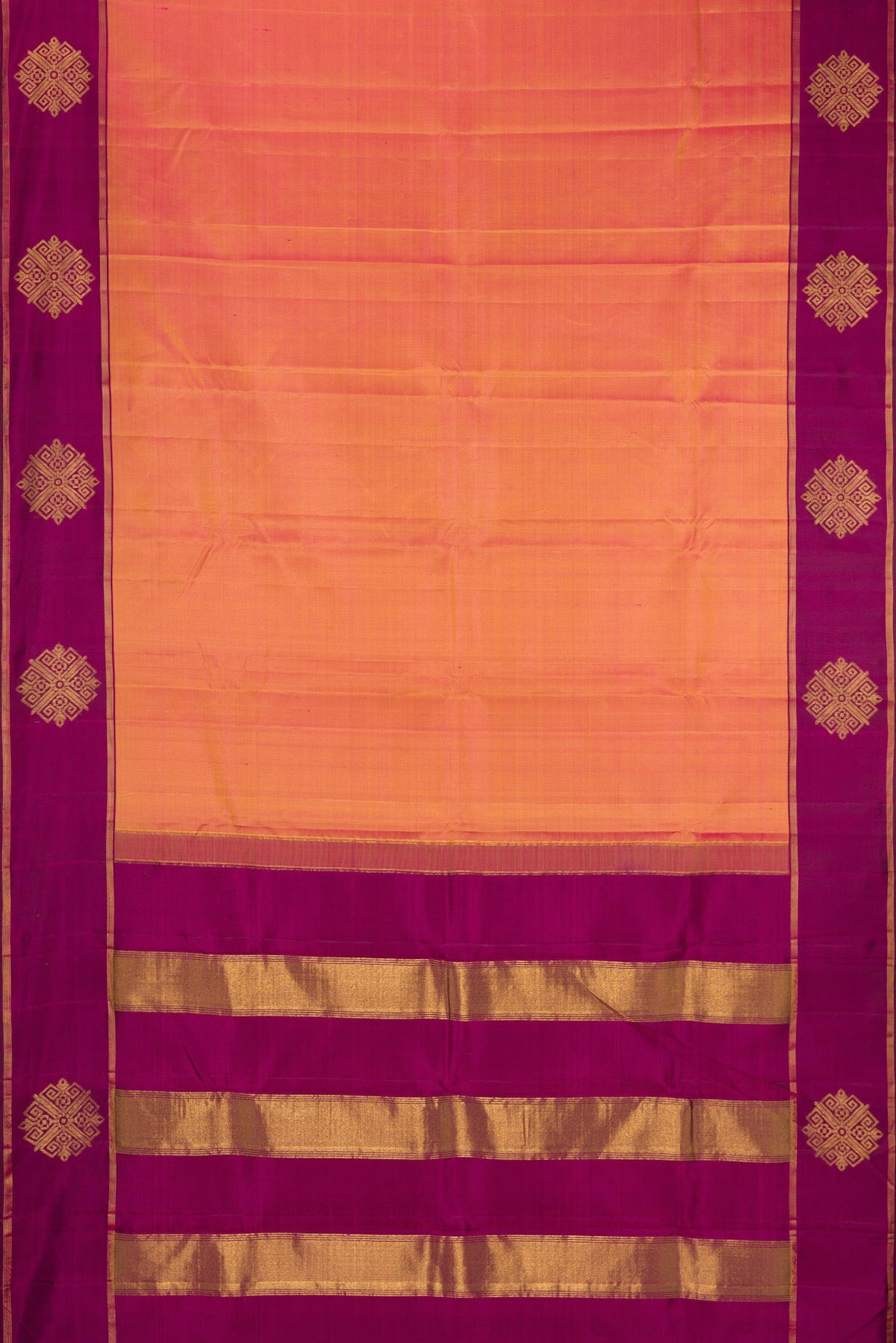Flat view of Pinkish Yellow Dual Tone Kanchipuram Silk Saree with Plain Body and Fancy Border. 