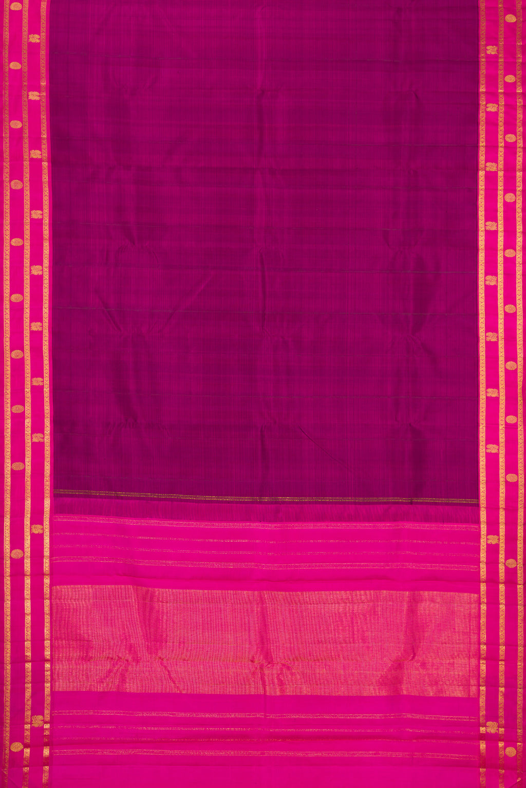 Flat view of Purple Kanchipuram Silk Saree with Plain Body and Zari Border. 