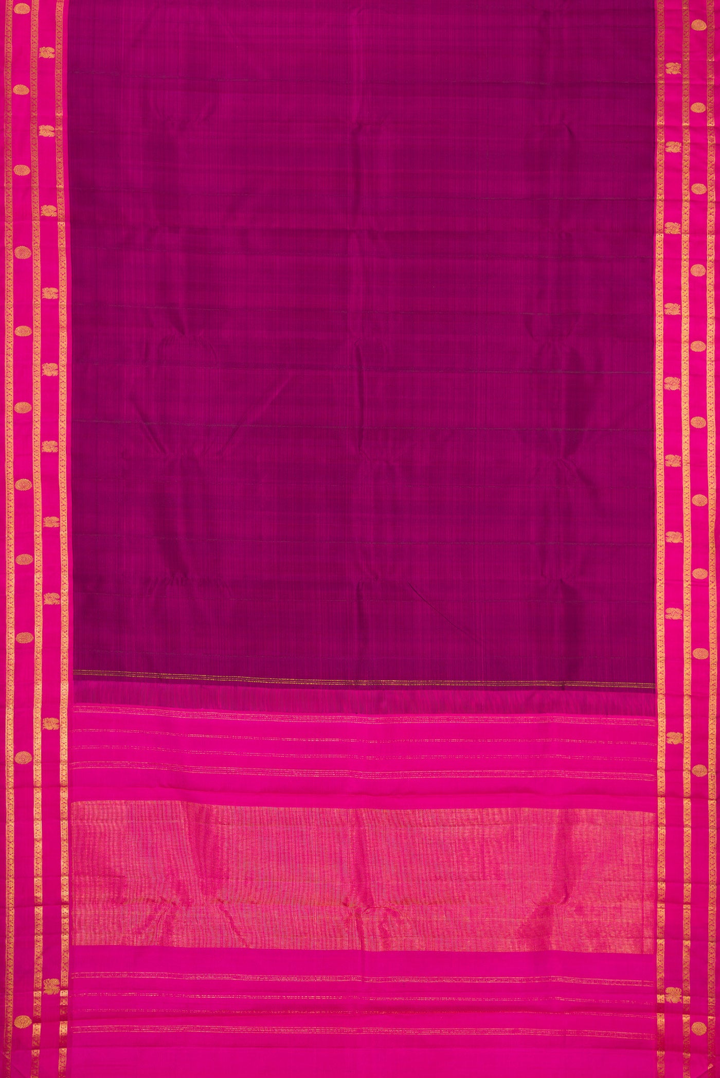 Flat view of Purple Kanchipuram Silk Saree with Plain Body and Zari Border. 