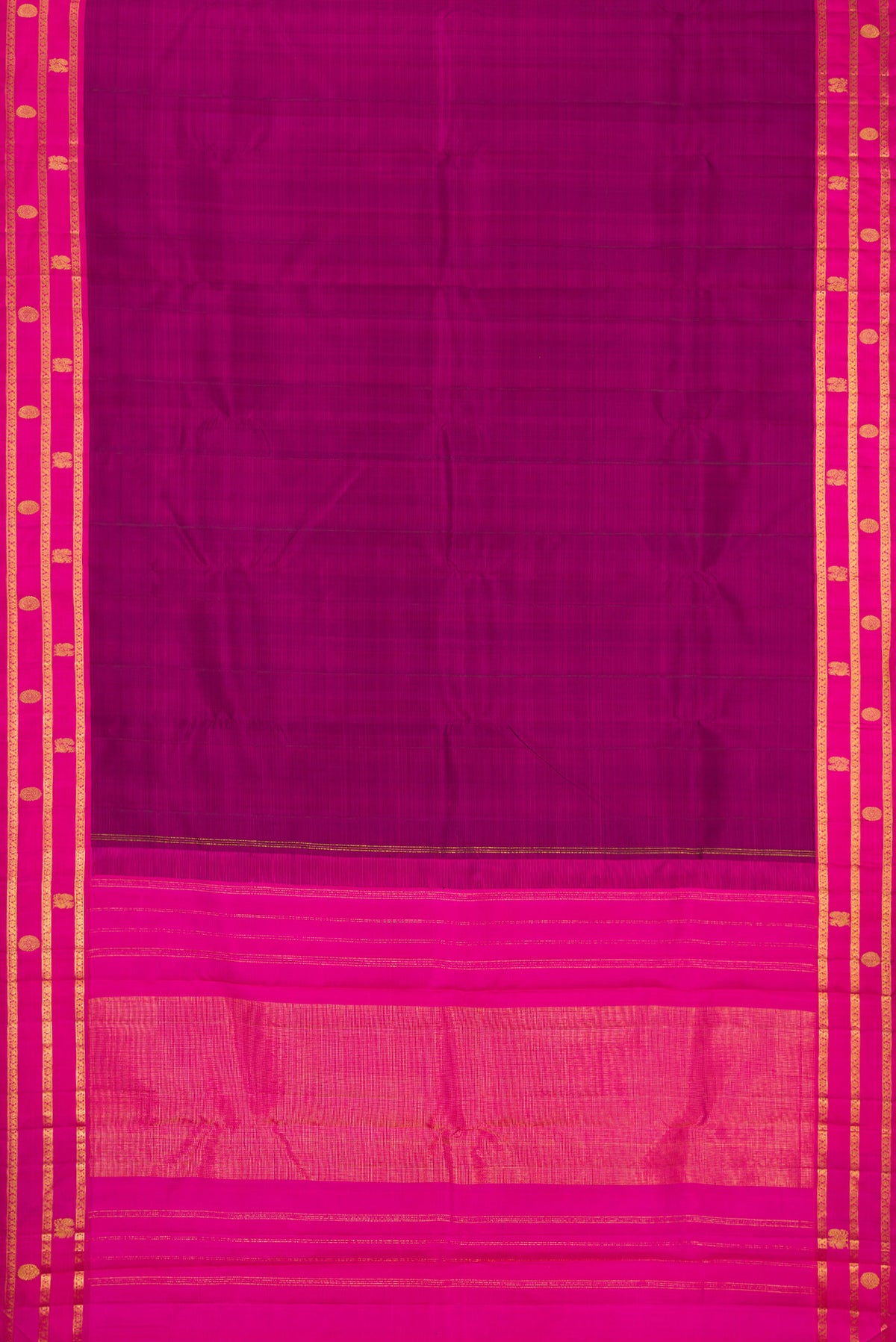 Flat view of Purple Kanchipuram Silk Saree with Plain Body and Zari Border. 