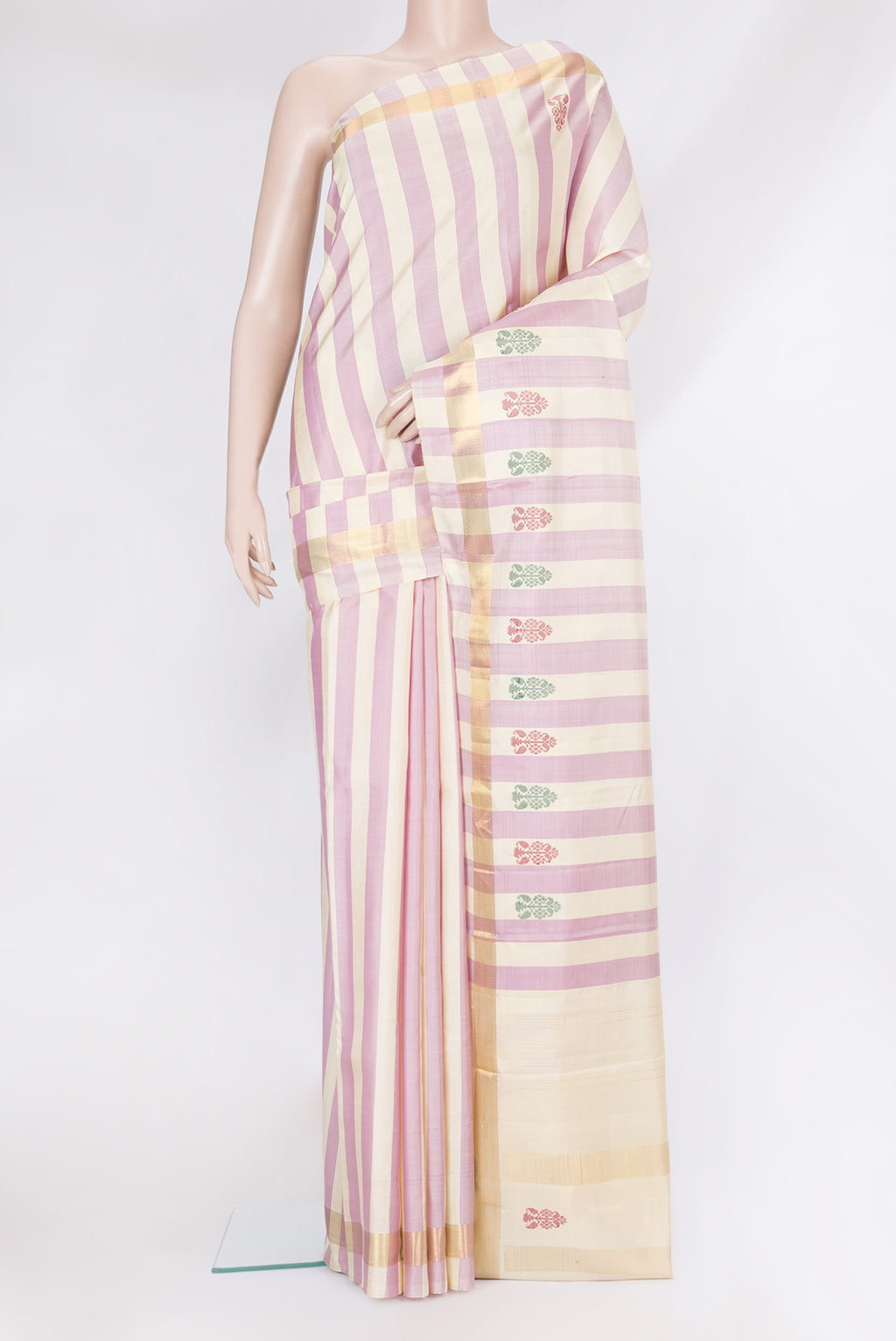 Multi Color Kanchipuram Silk Saree with Stripes on the body and Zari Border.  displayed on a mannequin