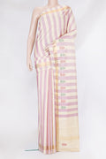 Multi Color Kanchipuram Silk Saree with Stripes on the body and Zari Border.  displayed on a mannequin