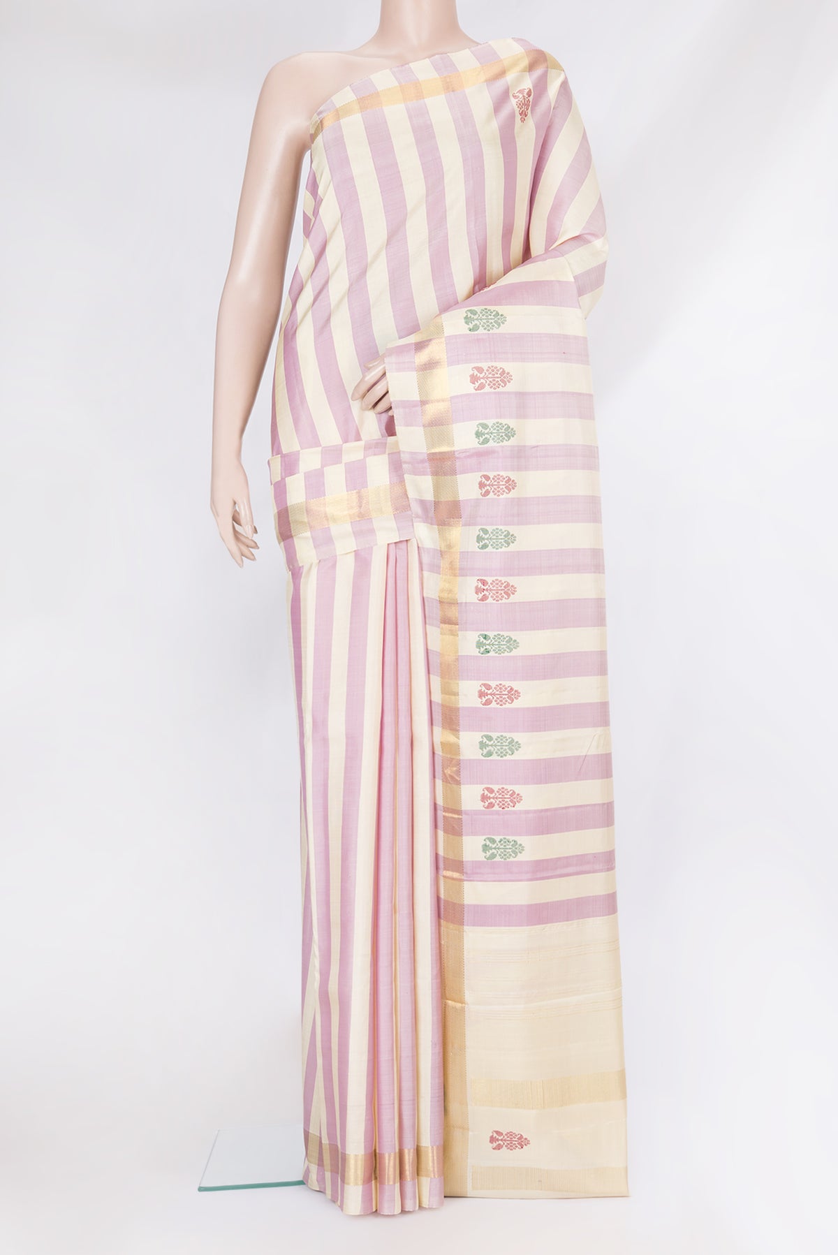 Multi Color Kanchipuram Silk Saree with Stripes on the body and Zari Border.  displayed on a mannequin