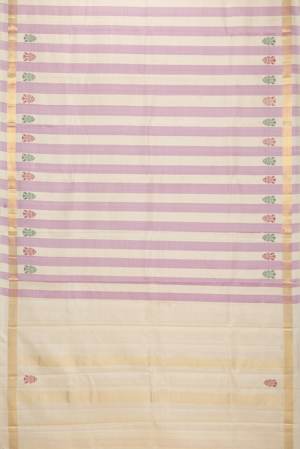 Flat view of Multi Color Kanchipuram Silk Saree with Stripes on the body and Zari Border. 
