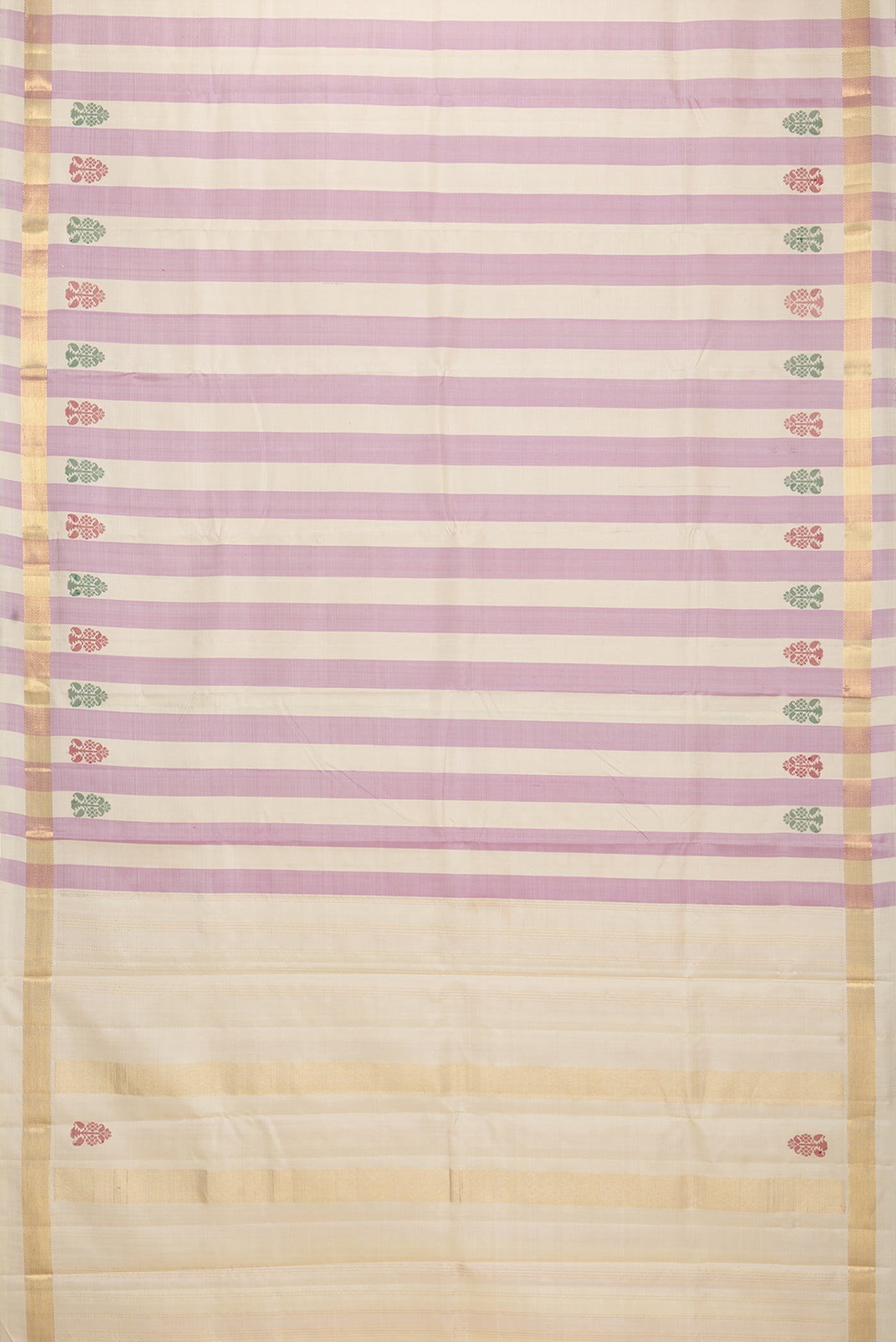 Flat view of Multi Color Kanchipuram Silk Saree with Stripes on the body and Zari Border. 