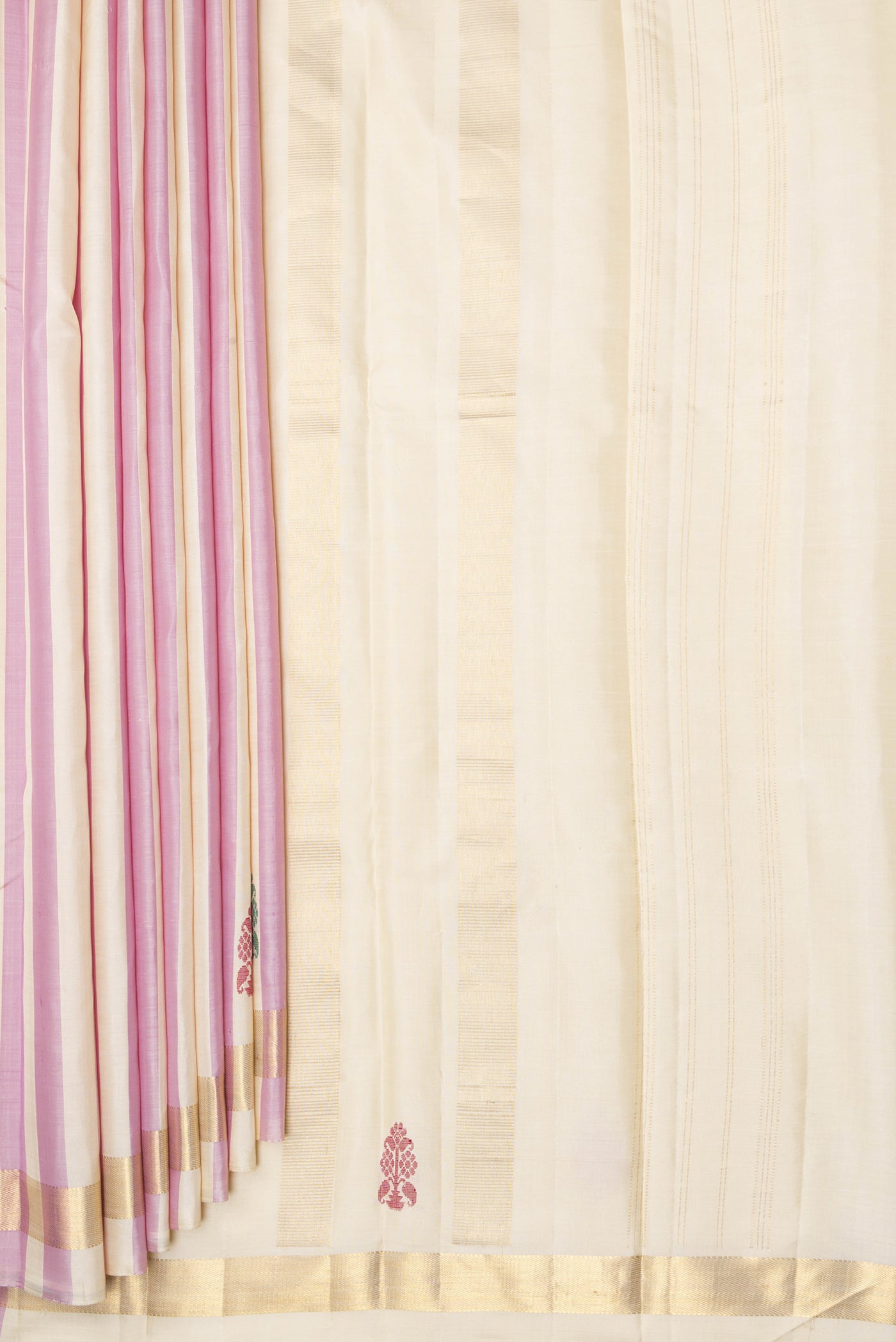 Pleats and pallu of Multi Color Kanchipuram Silk Saree with Stripes on the body and Zari Border. 