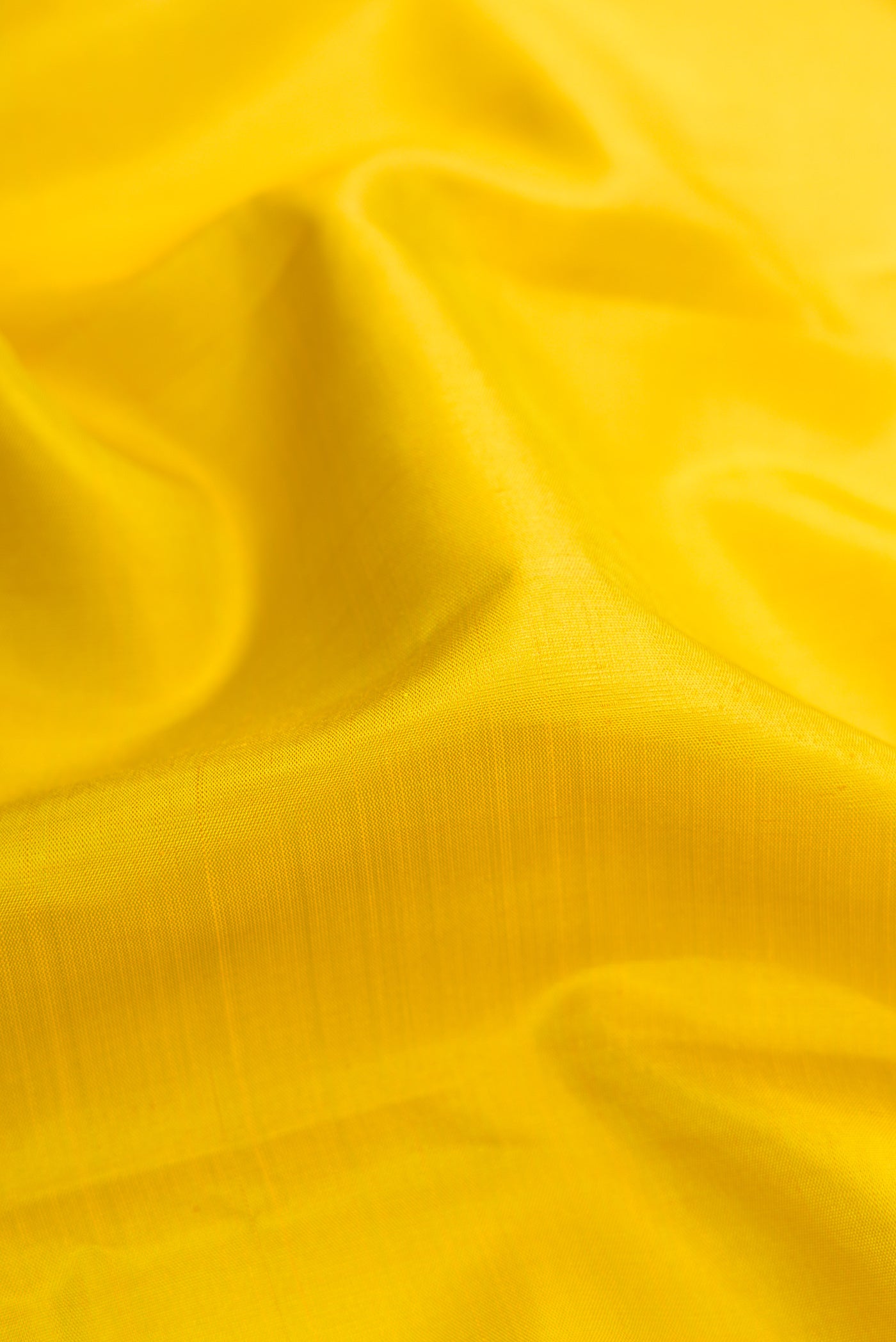 Close up of Yellow Dual Tone Kanjivaram Silk Saree with Plain Body and Zari Border.  displaying folds