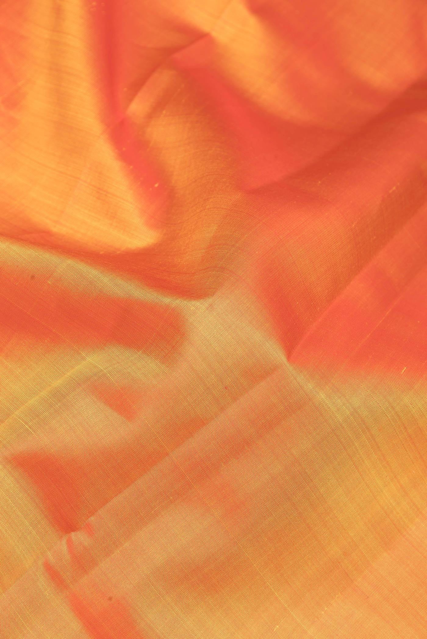 Close up of Rust Kanjivaram Silk Saree with Plain Body and Zari Border.  displaying folds
