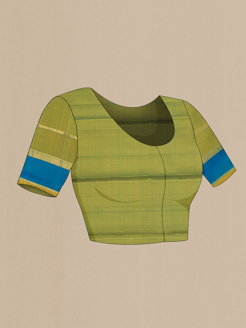 Close up image of the blouse of Bottle Green Kanjivaram Silk Saree with Plain Body and Zari Border. 