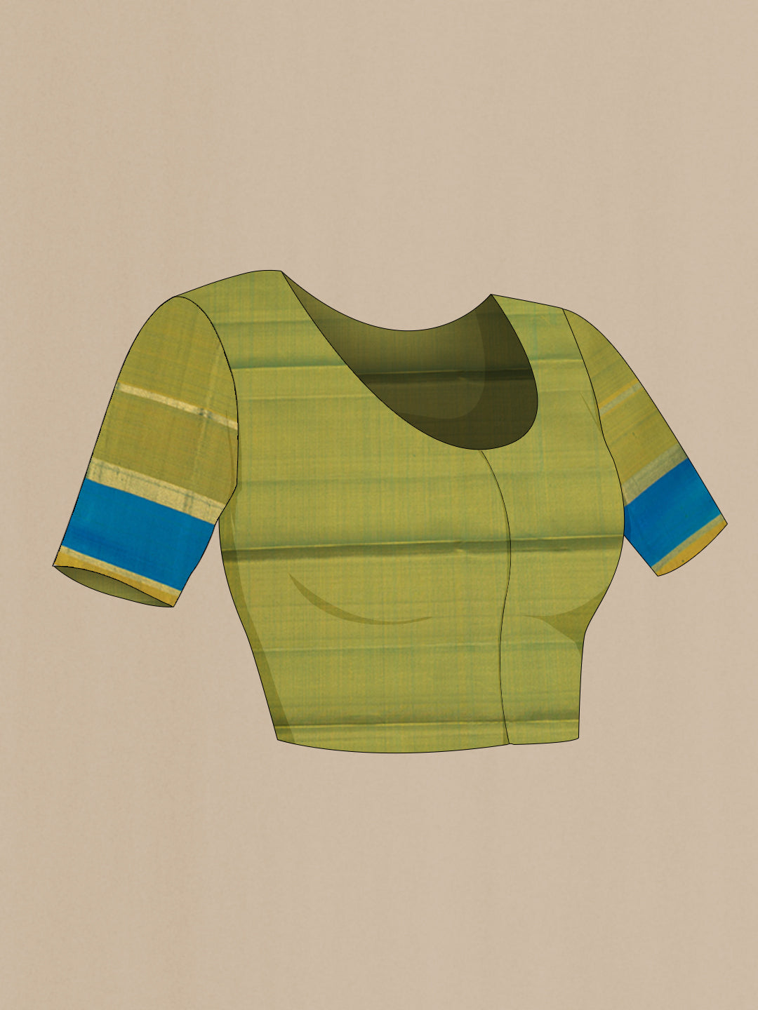 Close up image of the blouse of Bottle Green Kanjivaram Silk Saree with Plain Body and Zari Border. 