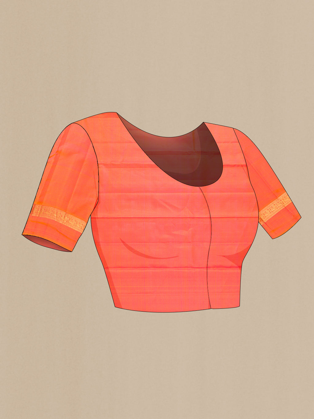 Close up image of the blouse of Pink Kanjivaram Silk Saree with Plain Body and Zari Border. 