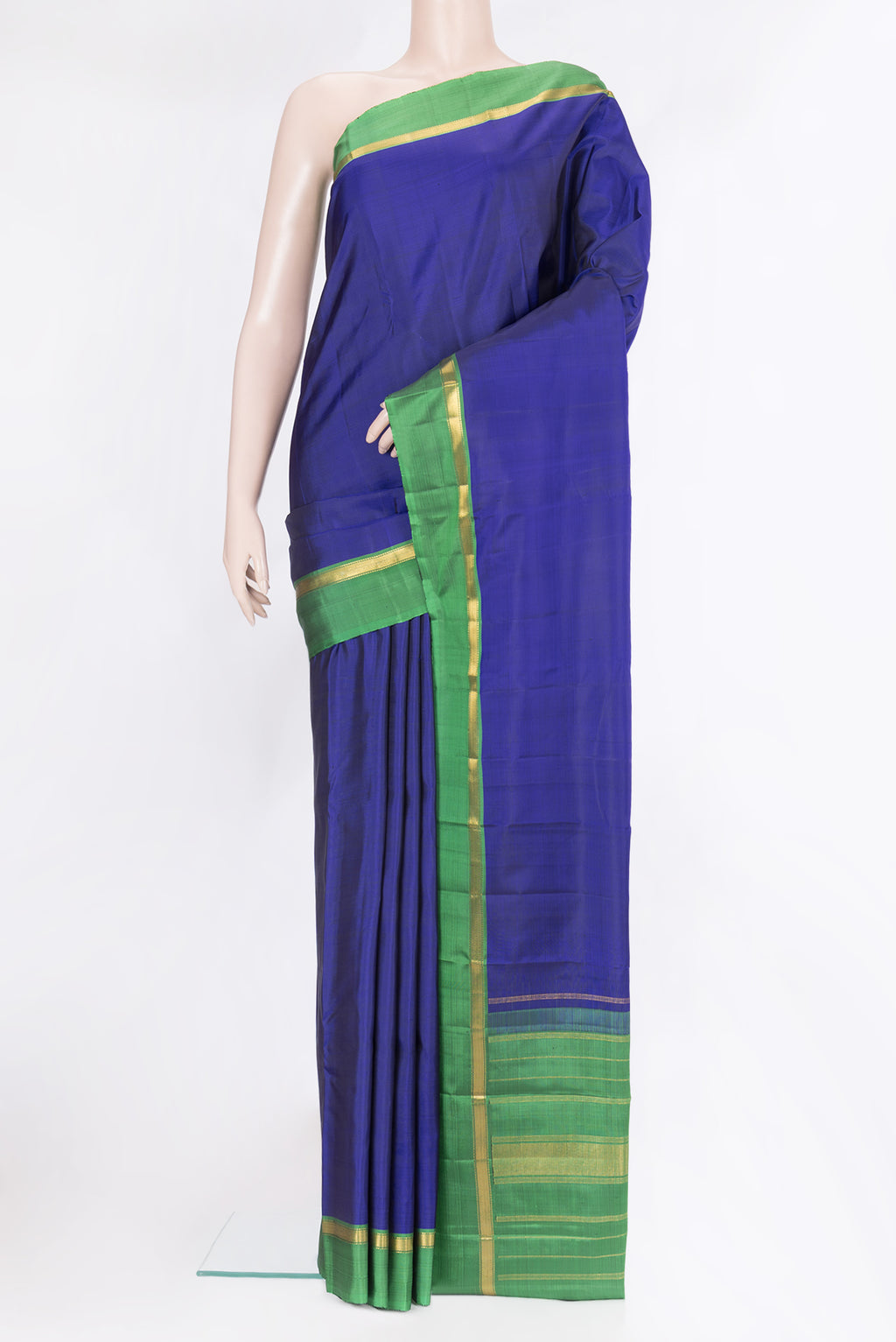 Blue Kanjivaram Silk Saree with Plain Body and Zari Border.  displayed on a mannequin
