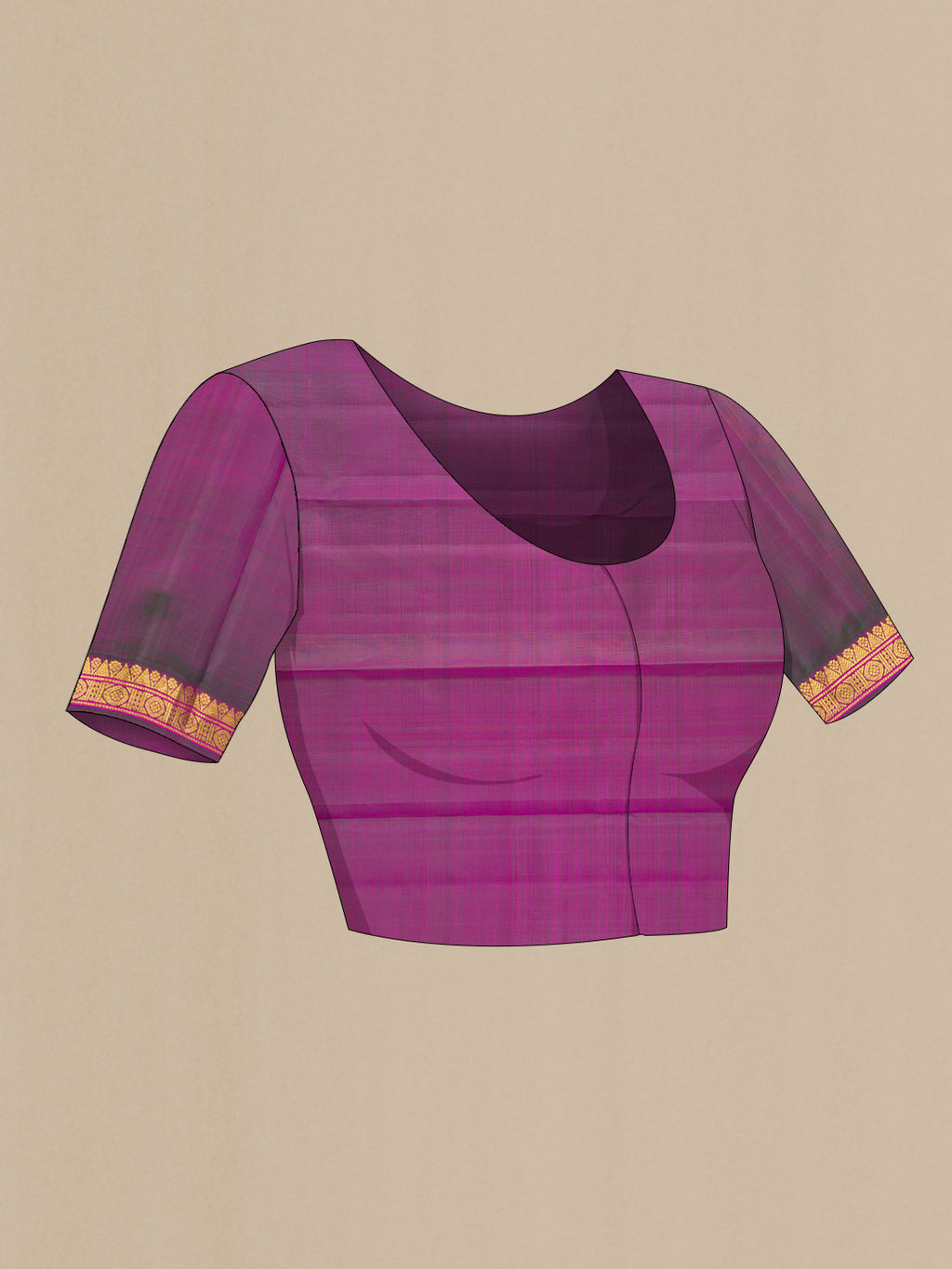 Close up image of the blouse of Magenta Kanchipuram Silk Saree with Plain Body and Zari Border. 