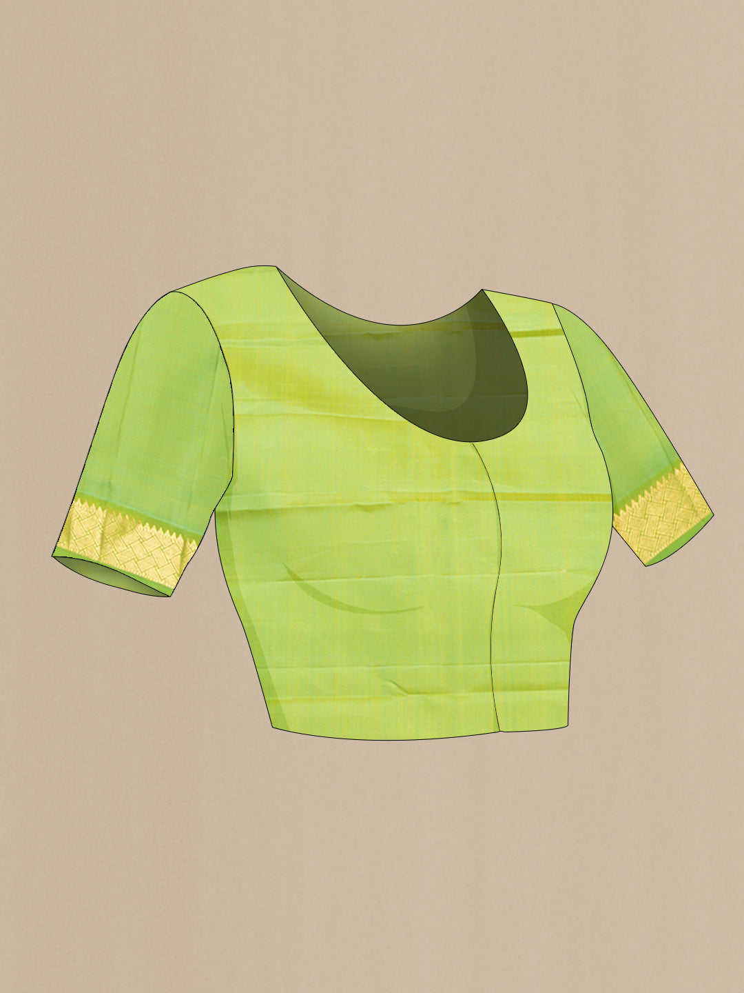 Close up image of the blouse of Lemon Yellow Kanchipuram Silk Saree with Plain Body and Zari Border. 