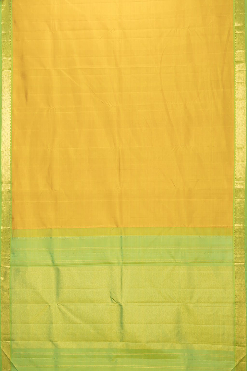 Flat view of Lemon Yellow Kanchipuram Silk Saree with Plain Body and Zari Border. 