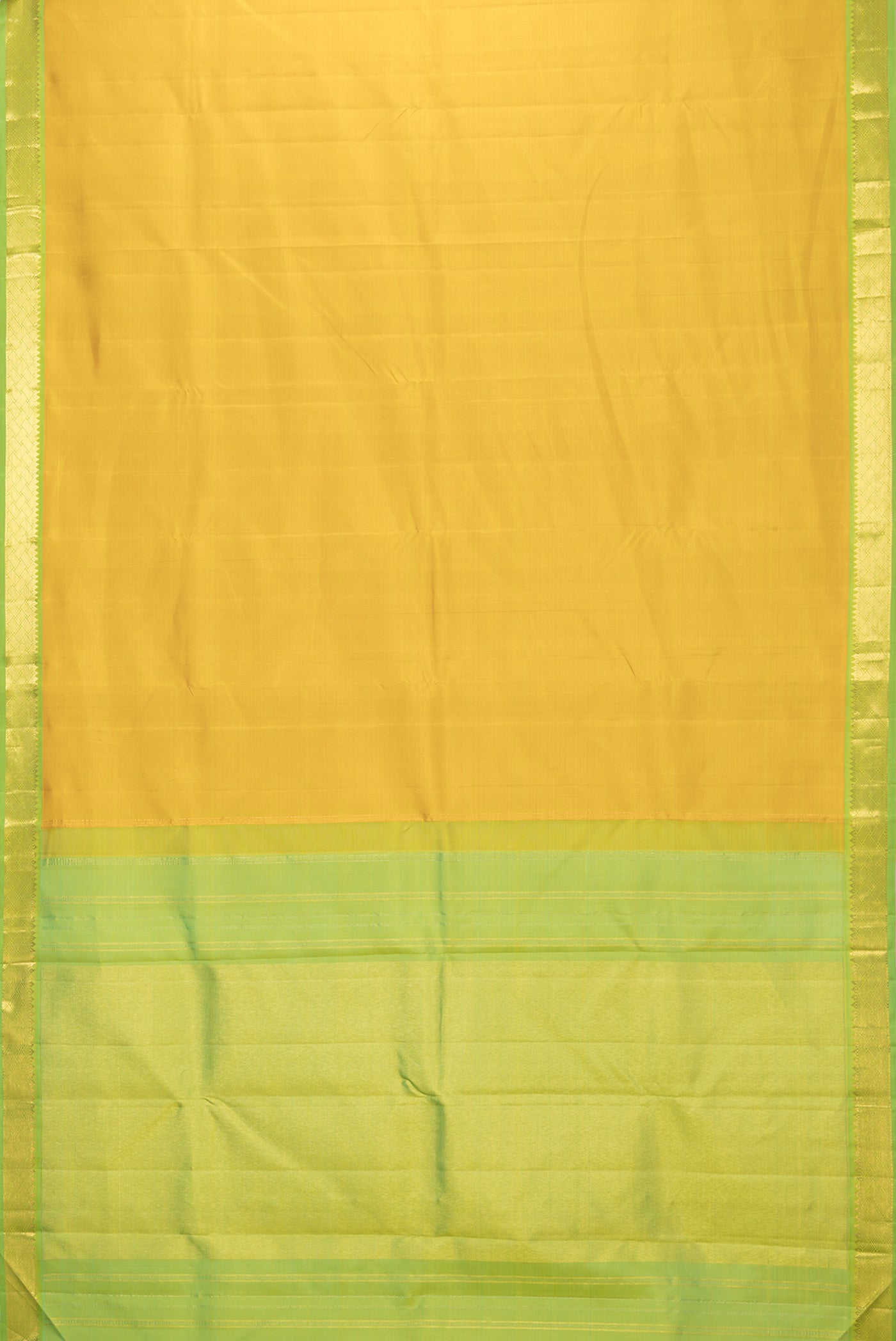 Flat view of Lemon Yellow Kanchipuram Silk Saree with Plain Body and Zari Border. 