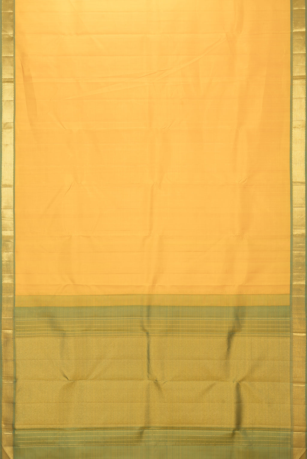 Flat view of Yellow Kanchipuram Silk Saree with Plain Body and Zari Border. 