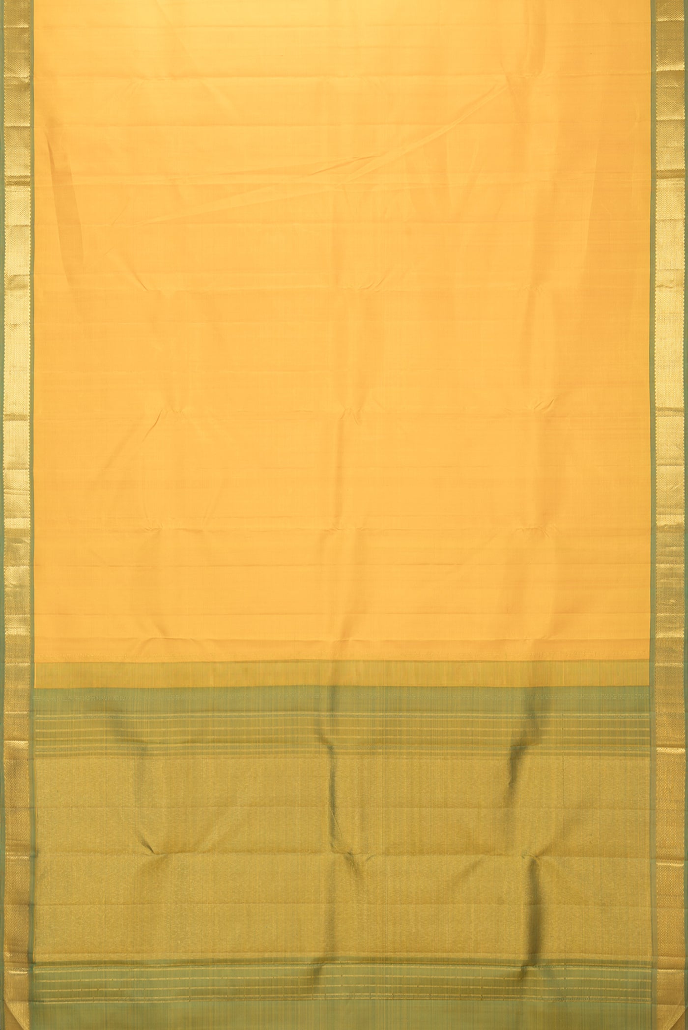 Flat view of Yellow Kanchipuram Silk Saree with Plain Body and Zari Border. 