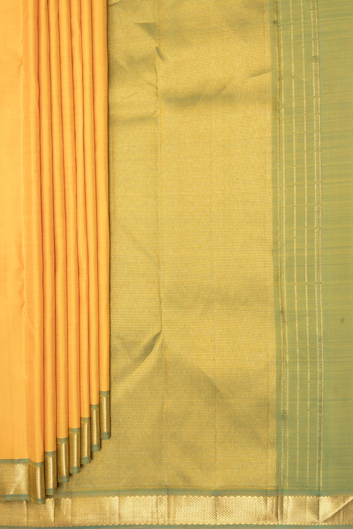 Pleats and pallu of Yellow Kanchipuram Silk Saree with Plain Body and Zari Border. 