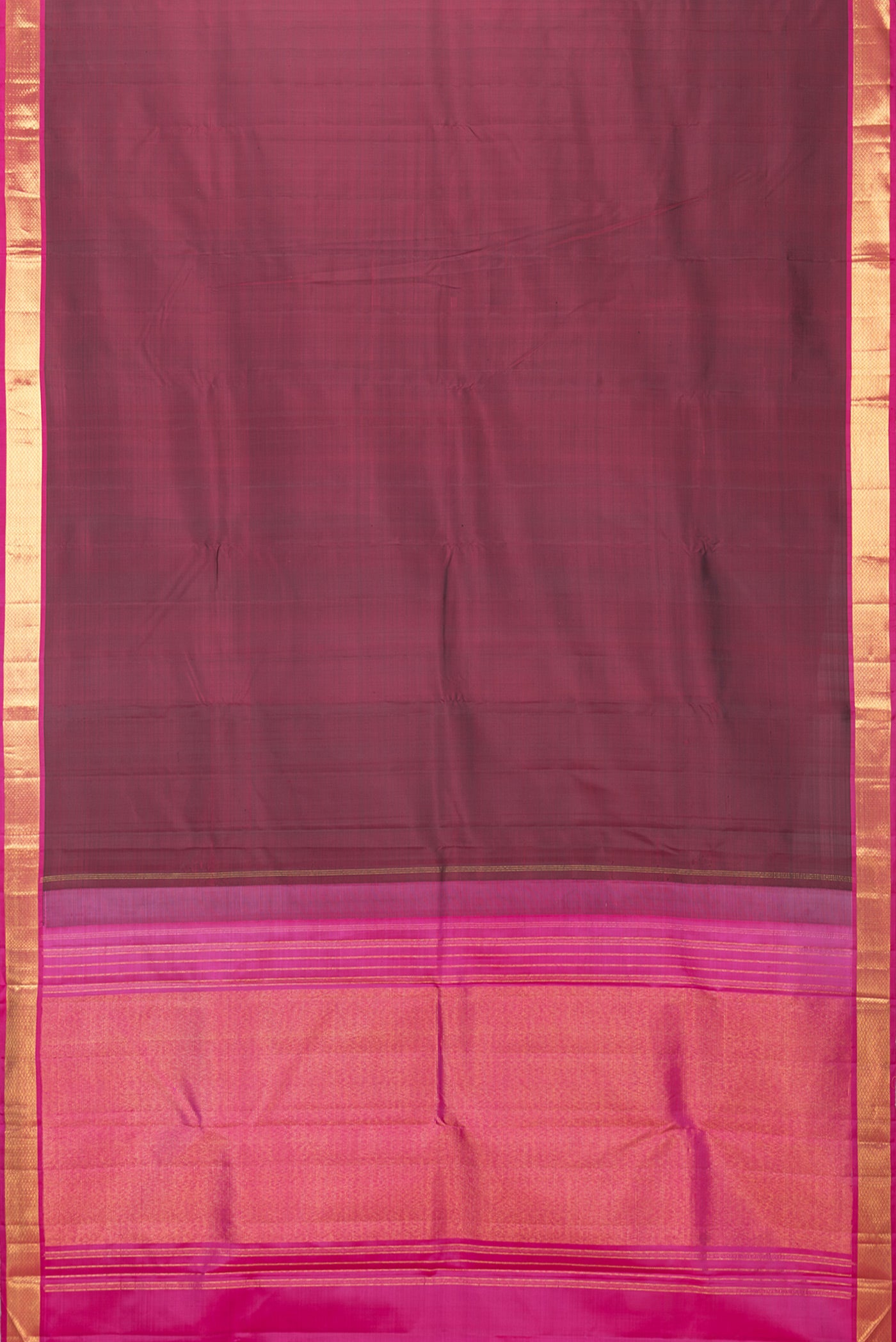 Flat view of Maroon Kanchipuram Silk Saree with Plain Body and Zari Border. 