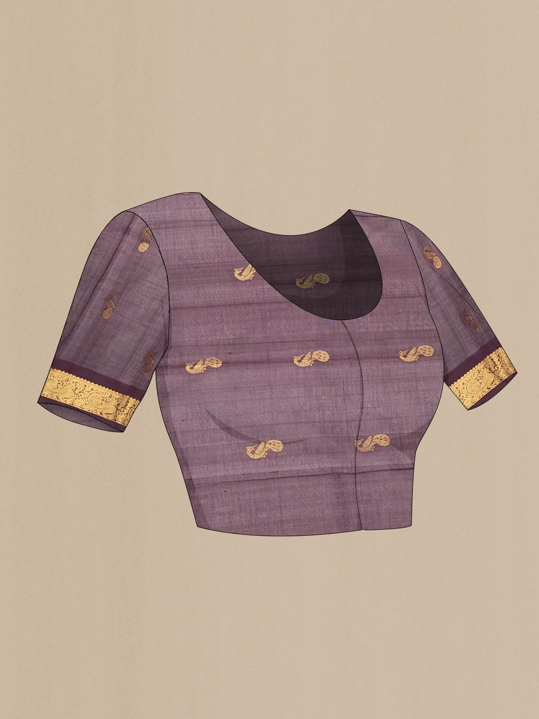 Close up image of the blouse of Maya Blue Silk Cotton Saree with Zari Butta on the body and Zari Border. 
