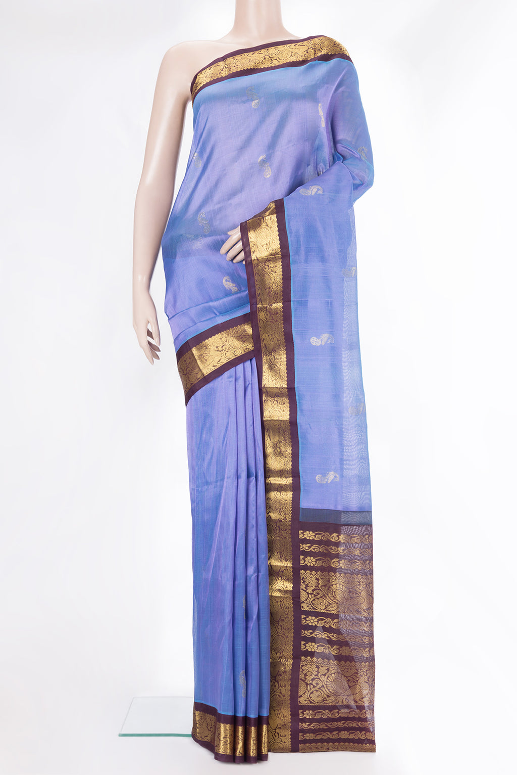 Maya Blue Silk Cotton Saree with Zari Butta on the body and Zari Border.  displayed on a mannequin