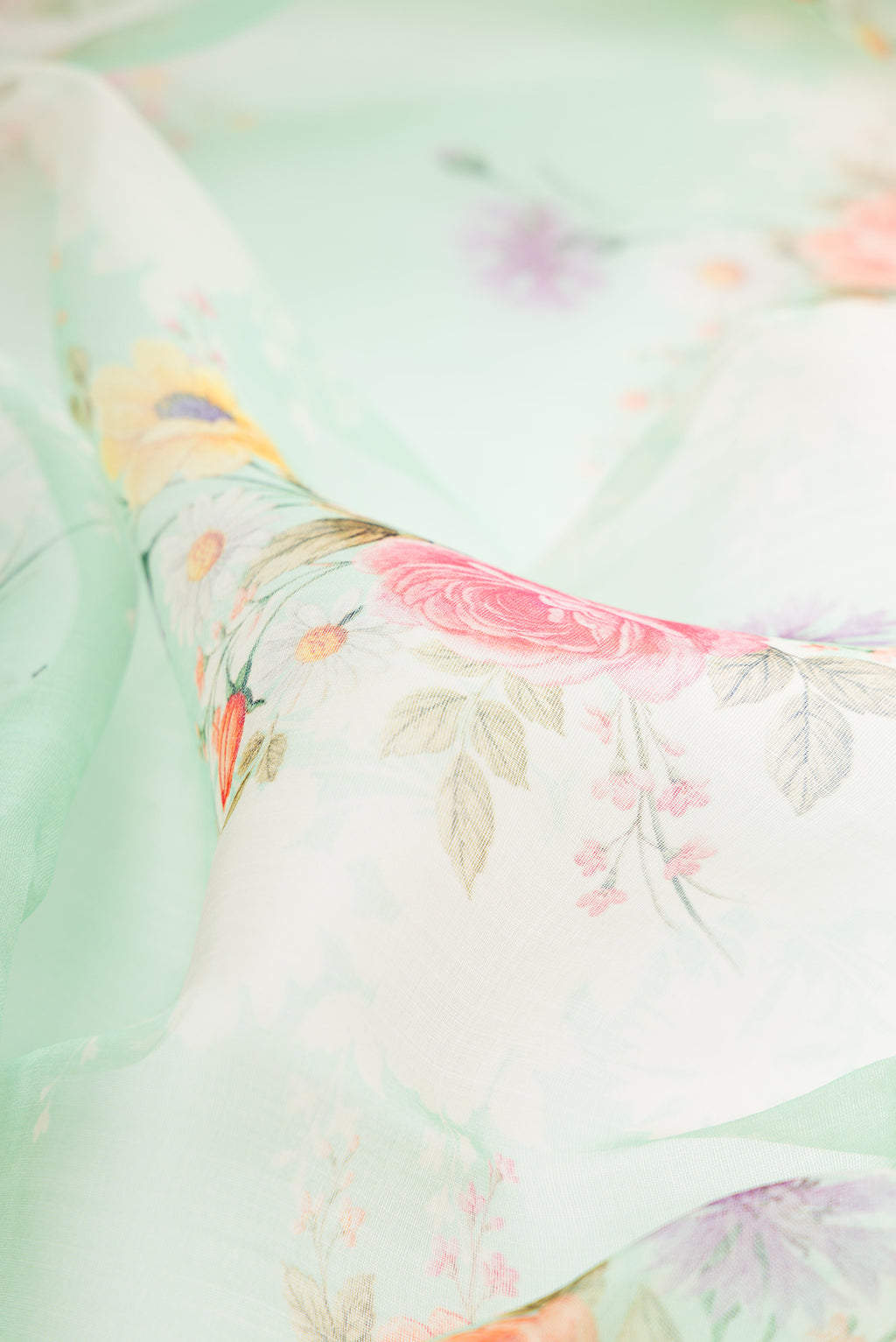 Close up of Pista Green Organza Saree with Floral Print on the body and Zari Border.  displaying folds