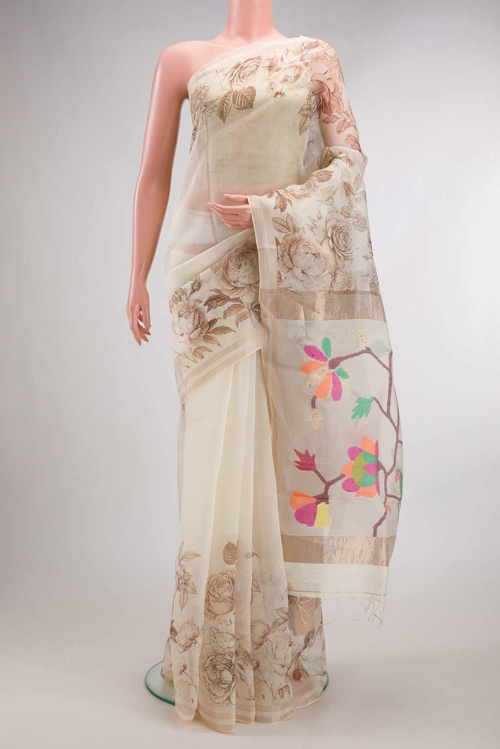 Off White Dual Tone Organza Saree with Plain Body and Fancy Border.  displayed on a mannequin