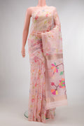 Pink Organza Saree with Floral Print on the body and Zari Border.  displayed on a mannequin