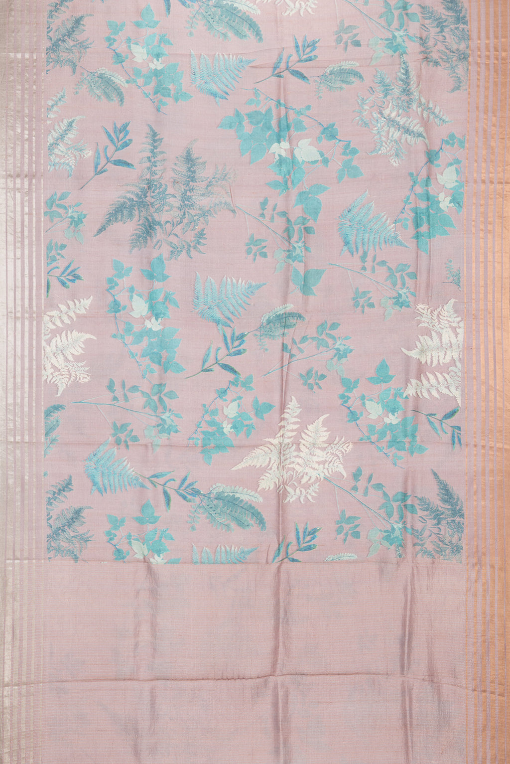 Flat view of Rose Gold Tussar Saree with Floral Print on the body and Zari Border. 
