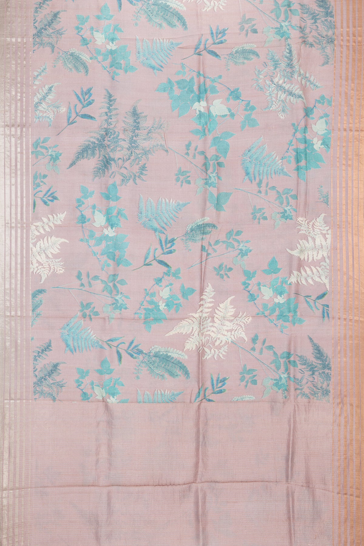 Flat view of Rose Gold Tussar Saree with Floral Print on the body and Zari Border. 