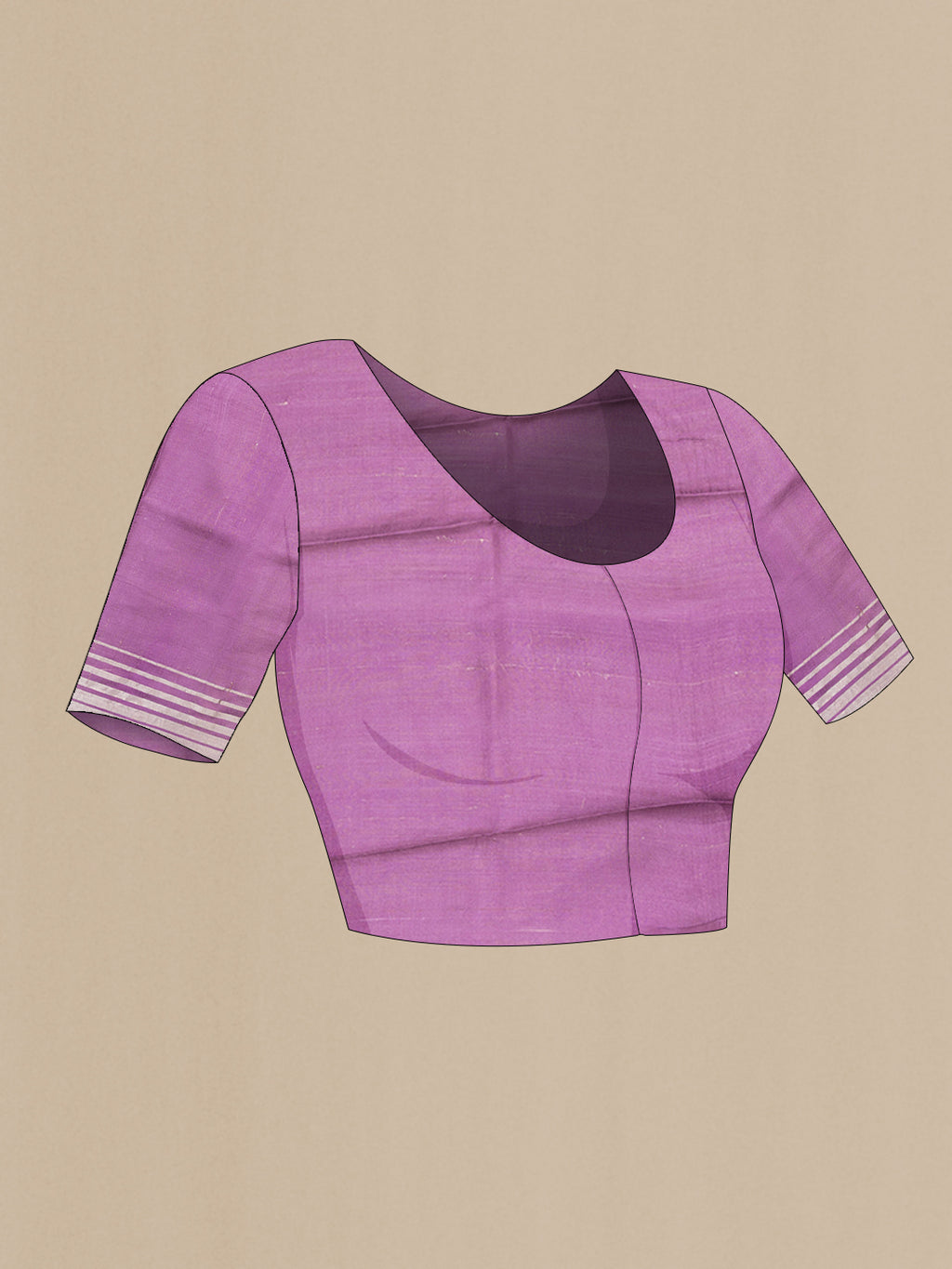 Close up image of the blouse of Purple Tussar Saree with Printed design on the body and Zari Border. 