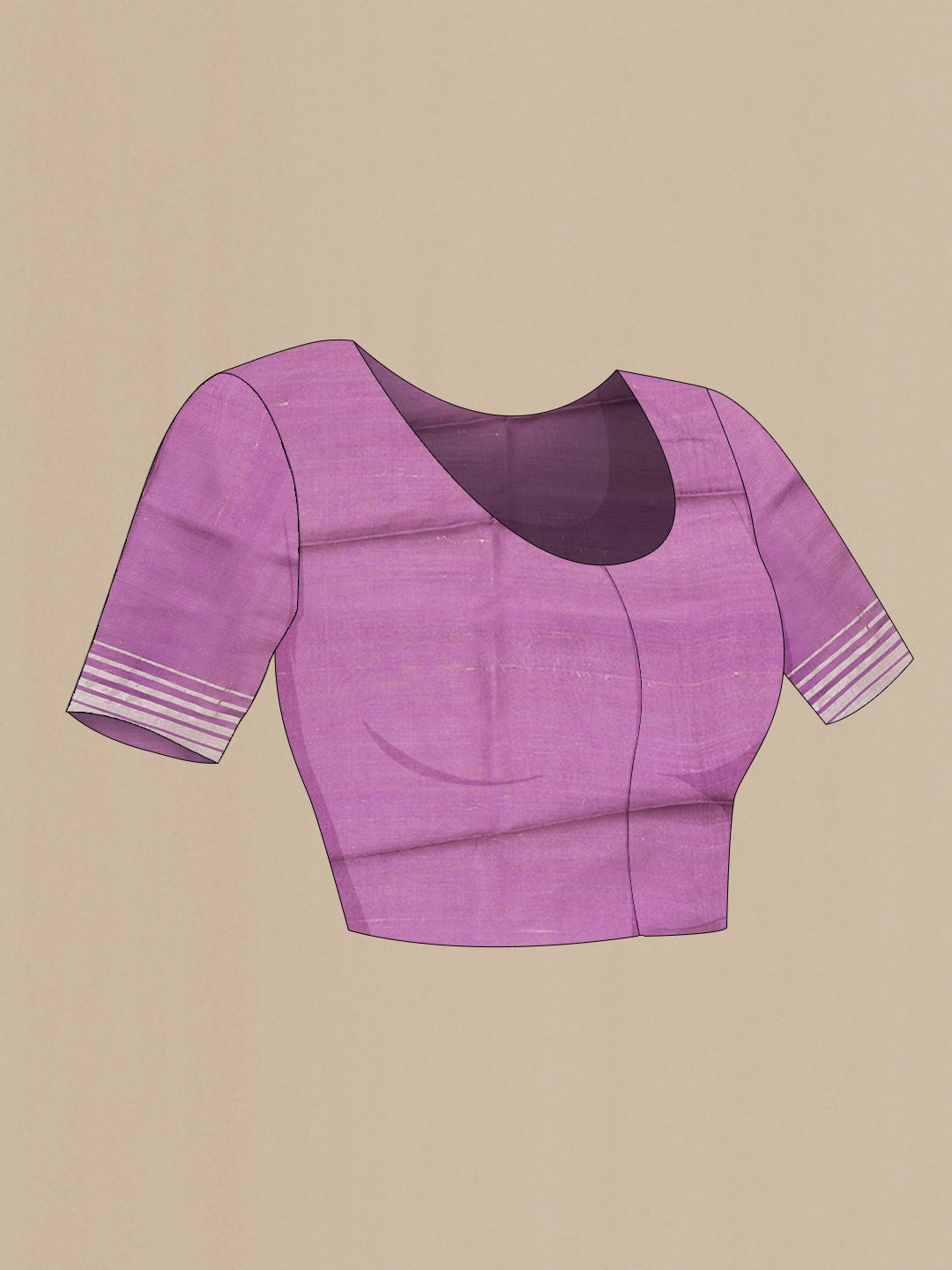 Close up image of the blouse of Purple Tussar Saree with Printed design on the body and Zari Border. 