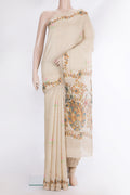 Beige Dual Tone Tussar Saree with Embroidery on the body and Fancy Border.  displayed on a mannequin