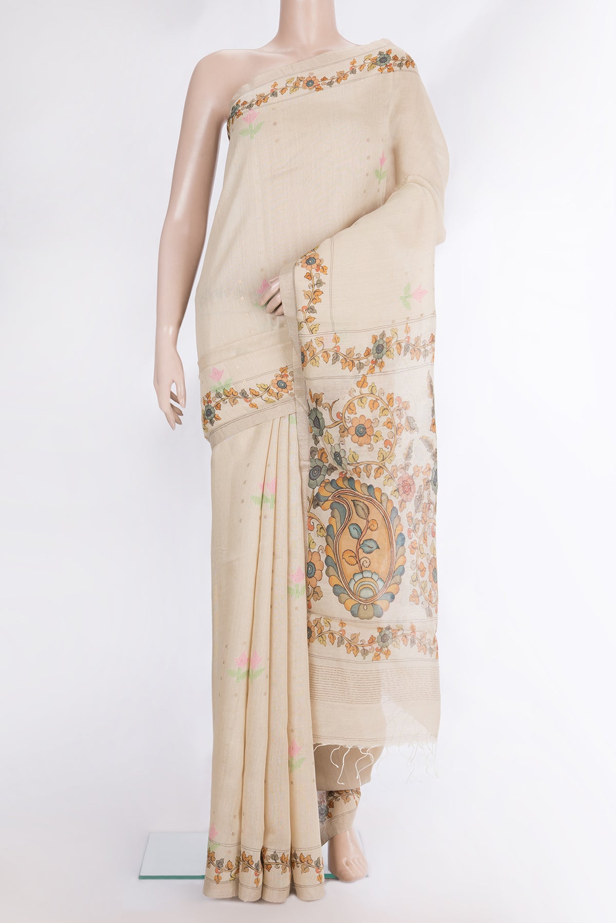 Beige Dual Tone Tussar Saree with Embroidery on the body and Fancy Border.  displayed on a mannequin