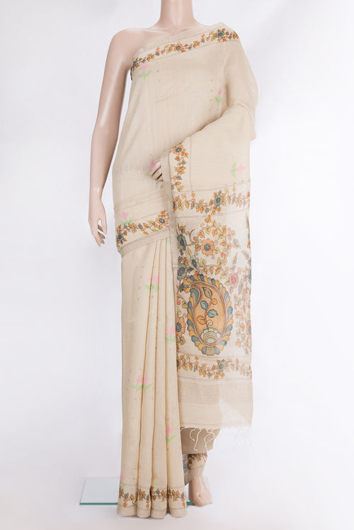 Beige Dual Tone Tussar Saree with Embroidery on the body and Fancy Border.  displayed on a mannequin