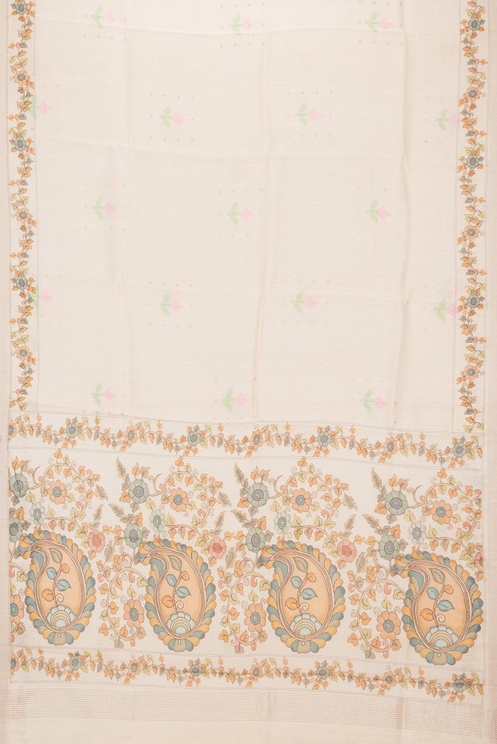 Flat view of Beige Dual Tone Tussar Saree with Embroidery on the body and Fancy Border. 
