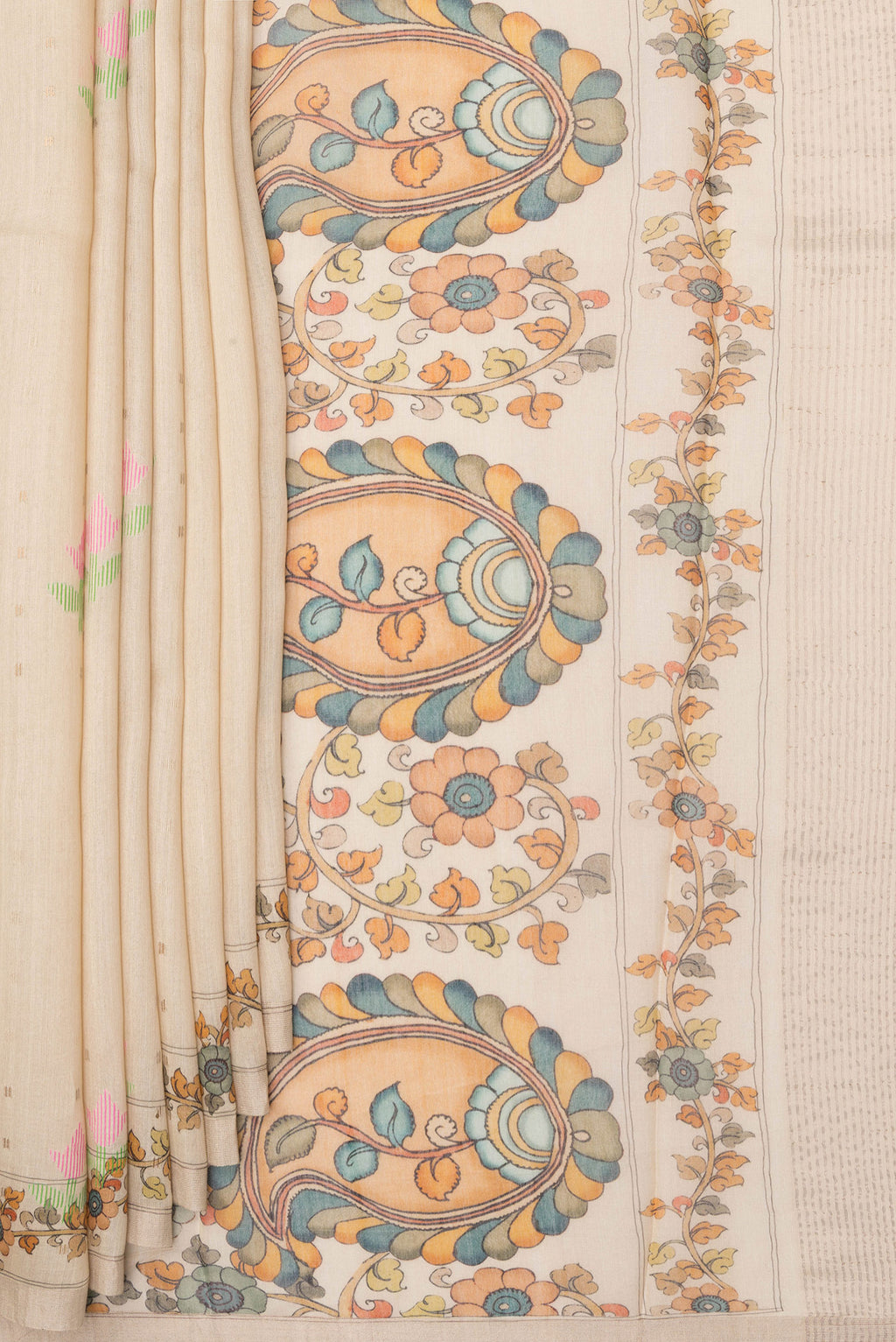 Pleats and pallu of Beige Dual Tone Tussar Saree with Embroidery on the body and Fancy Border. 