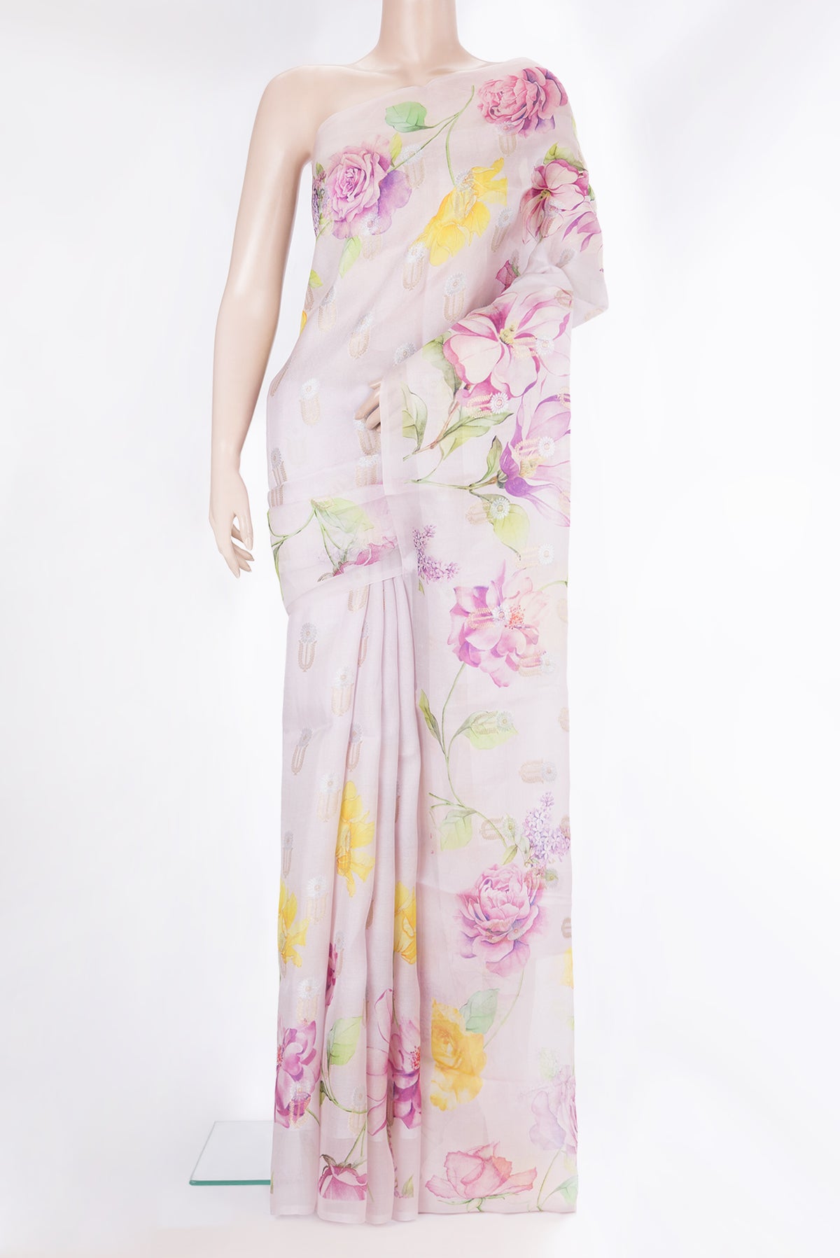 Pure Silk Rose Gold Dual Tone Tussar Saree with Printed design on the body and Without Border.  displayed on a mannequin