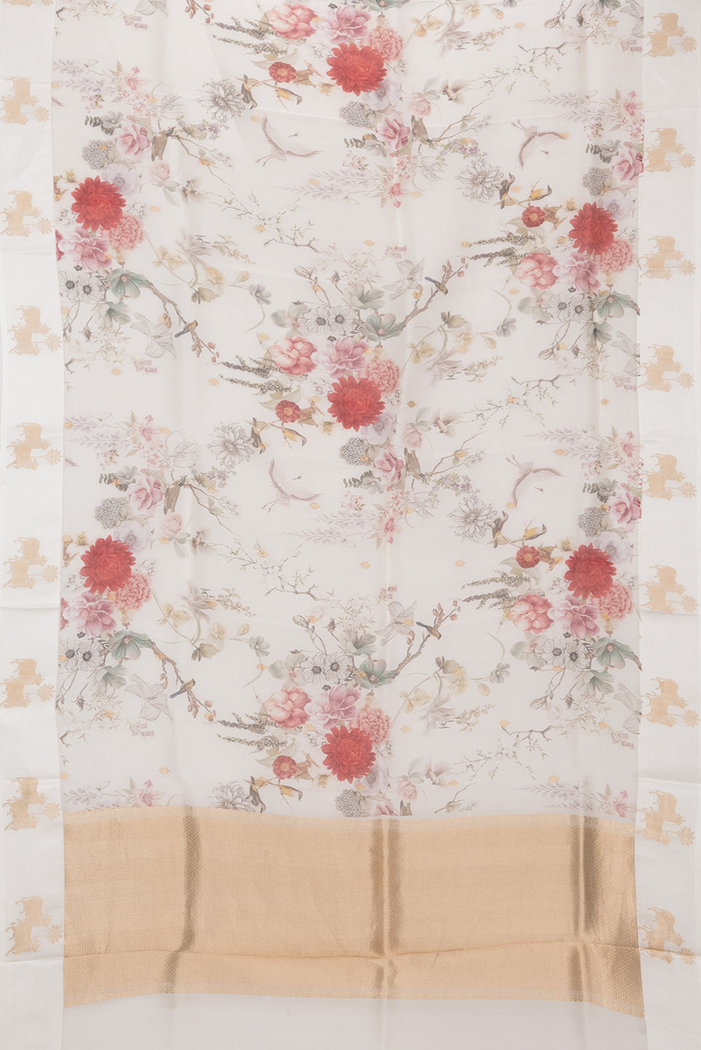 Flat view of Off White Organza Saree with Floral Print on the body and Fancy Border. 
