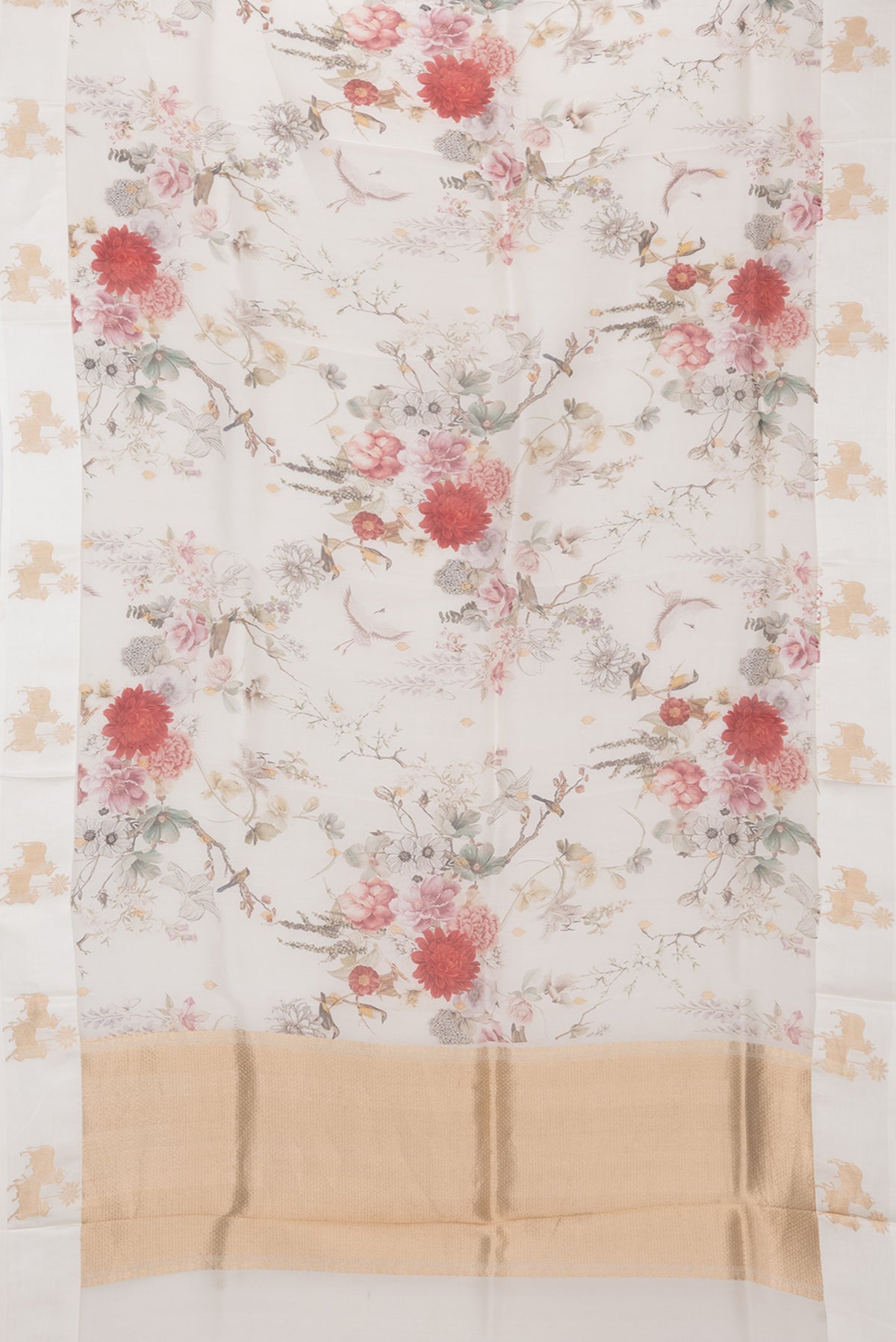 Flat view of Off White Organza Saree with Floral Print on the body and Fancy Border. 
