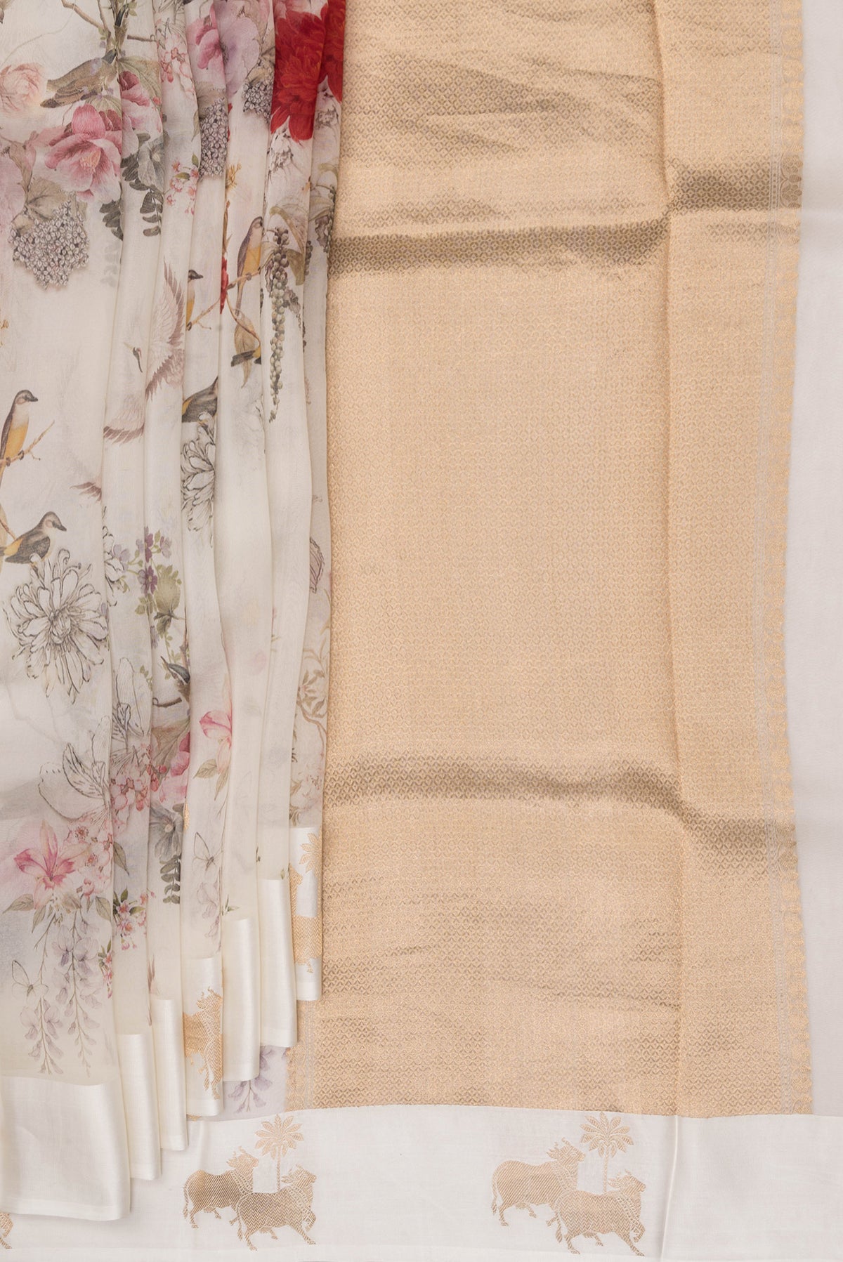 Pleats and pallu of Off White Organza Saree with Floral Print on the body and Fancy Border. 