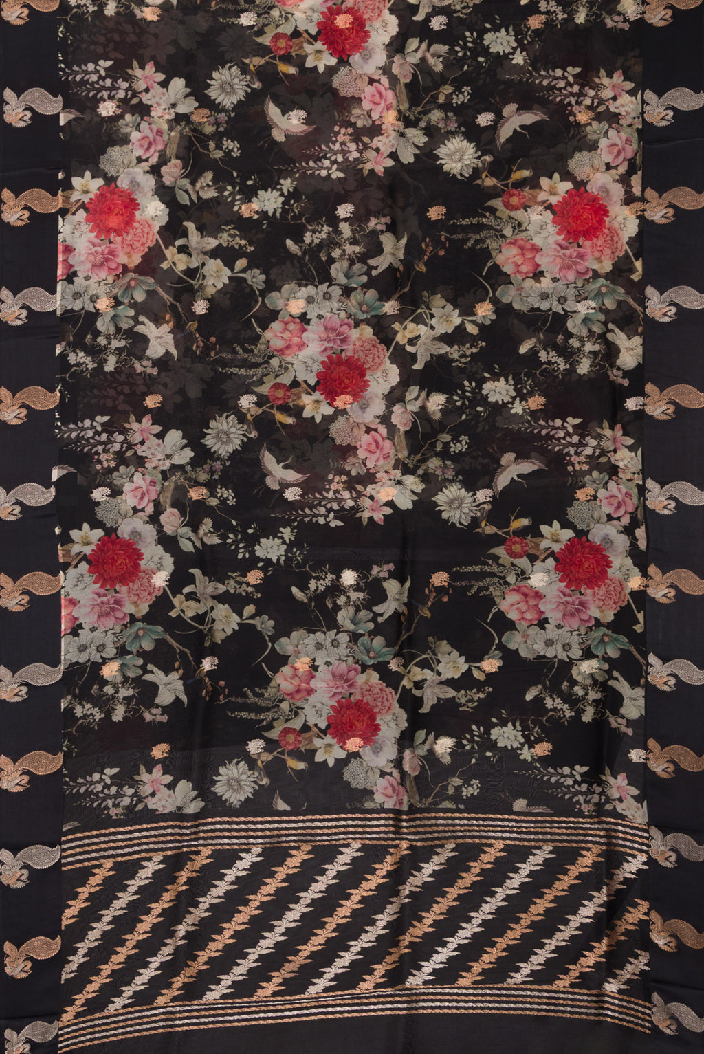 Flat view of Black Organza Saree with Floral Print on the body and Fancy Border. 