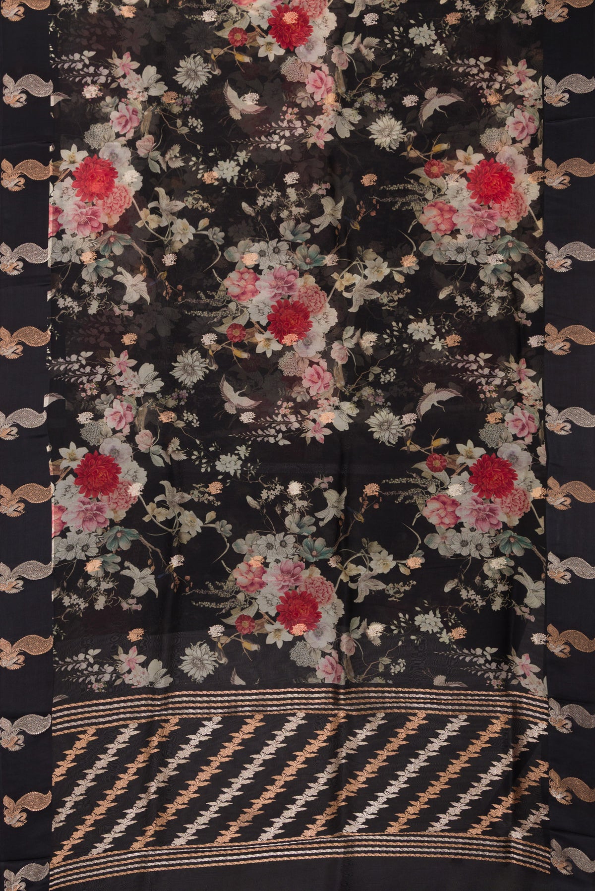 Flat view of Black Organza Saree with Floral Print on the body and Fancy Border. 