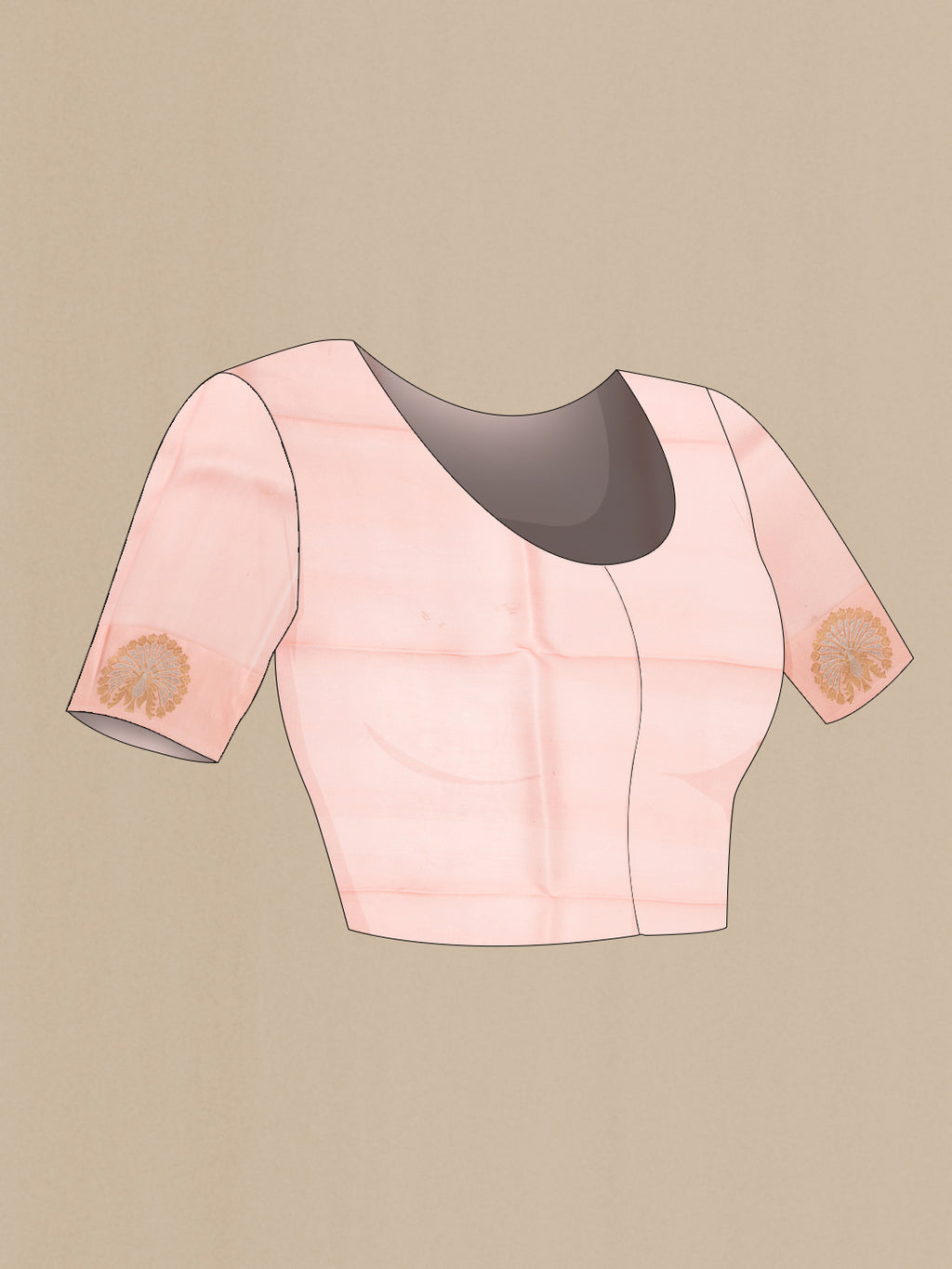 Close up image of the blouse of Golden Peach Organza Saree with Printed design on the body and Fancy Border. 